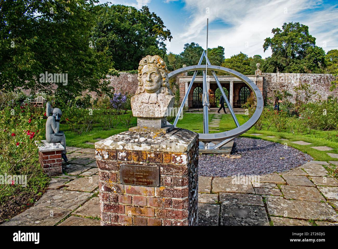Reclining Equiangular Sundial and bust of John Flamsteed (Inventor), Herstmonceux Castle, East Sussex Stock Photo