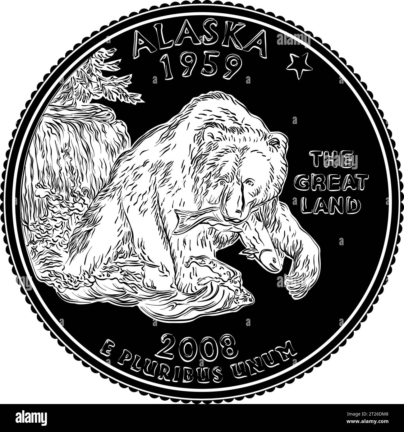 American money, United States Washington quarter dollar, grizzly bear on reverse. Black white image Stock Vector