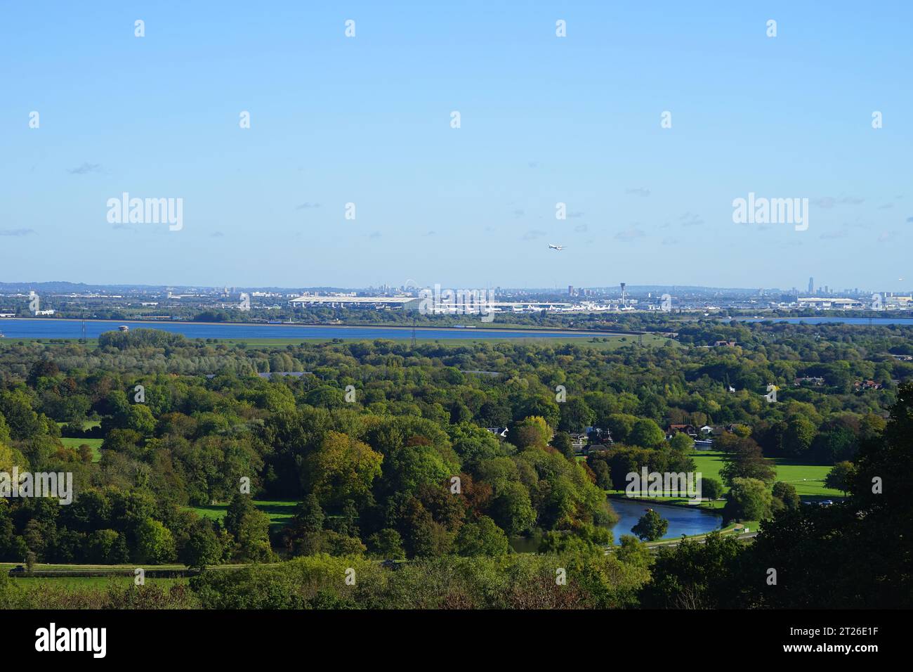 View across Runnymede to Heathrow from the Air Forces Memorial Stock Photo
