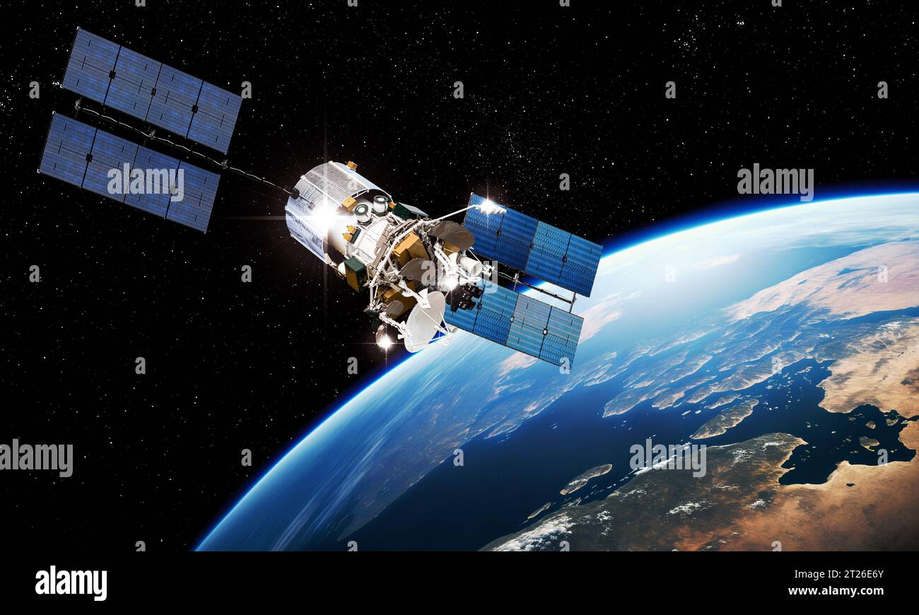 Modern telecommunication space satellite Express A at Earth orbit. 3d rendering background Stock Photo