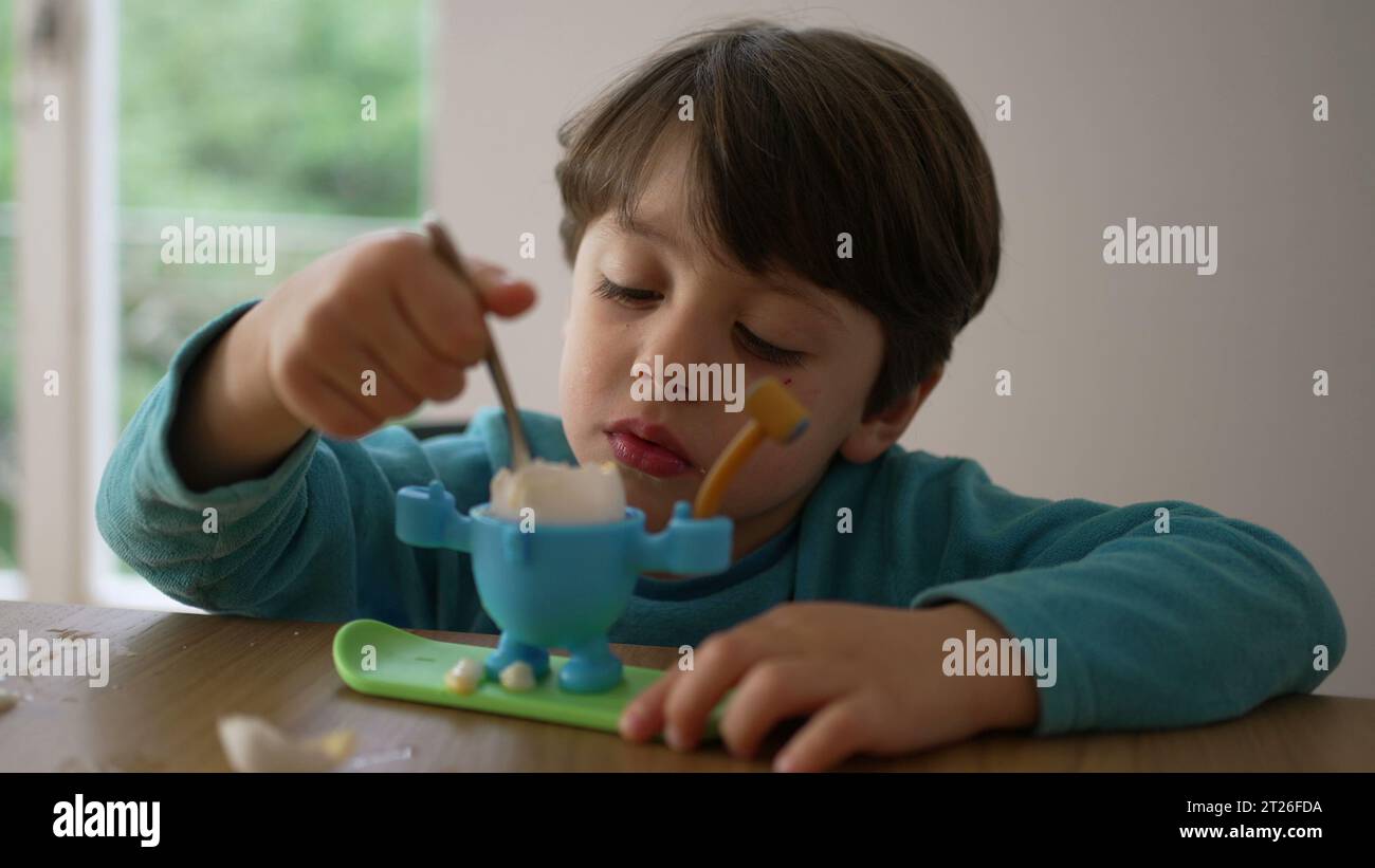 Child eating soft boiled egg for breakfast with spoon. 4 year old little boy eating by himself, close-up face absorbed in healthy snack, oeuf a la coq Stock Photo