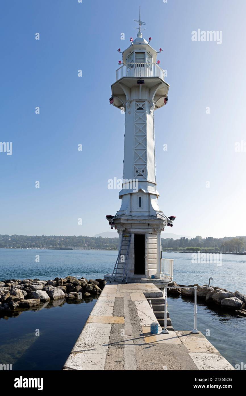 Panoramic view of the city of Geneva and Quai du Mont-Blanc from lake Geneva, Canton of Geneva, Switzerland. It is located at shores of Lake Geneva at Stock Photo