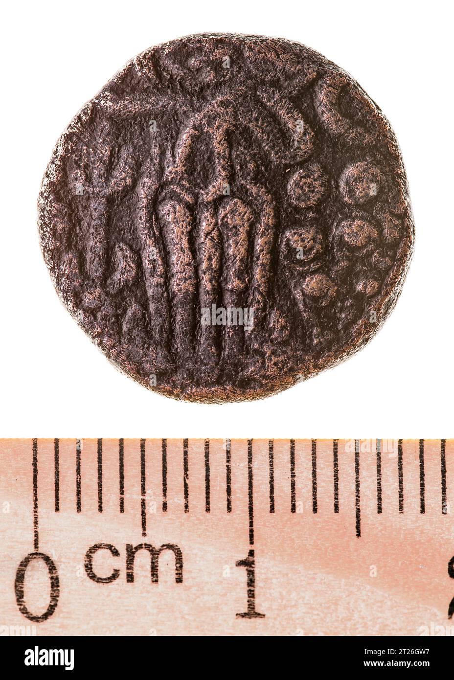 An ancient copper Tamil coin of the Chola dynasty. Obverse. Isolated on