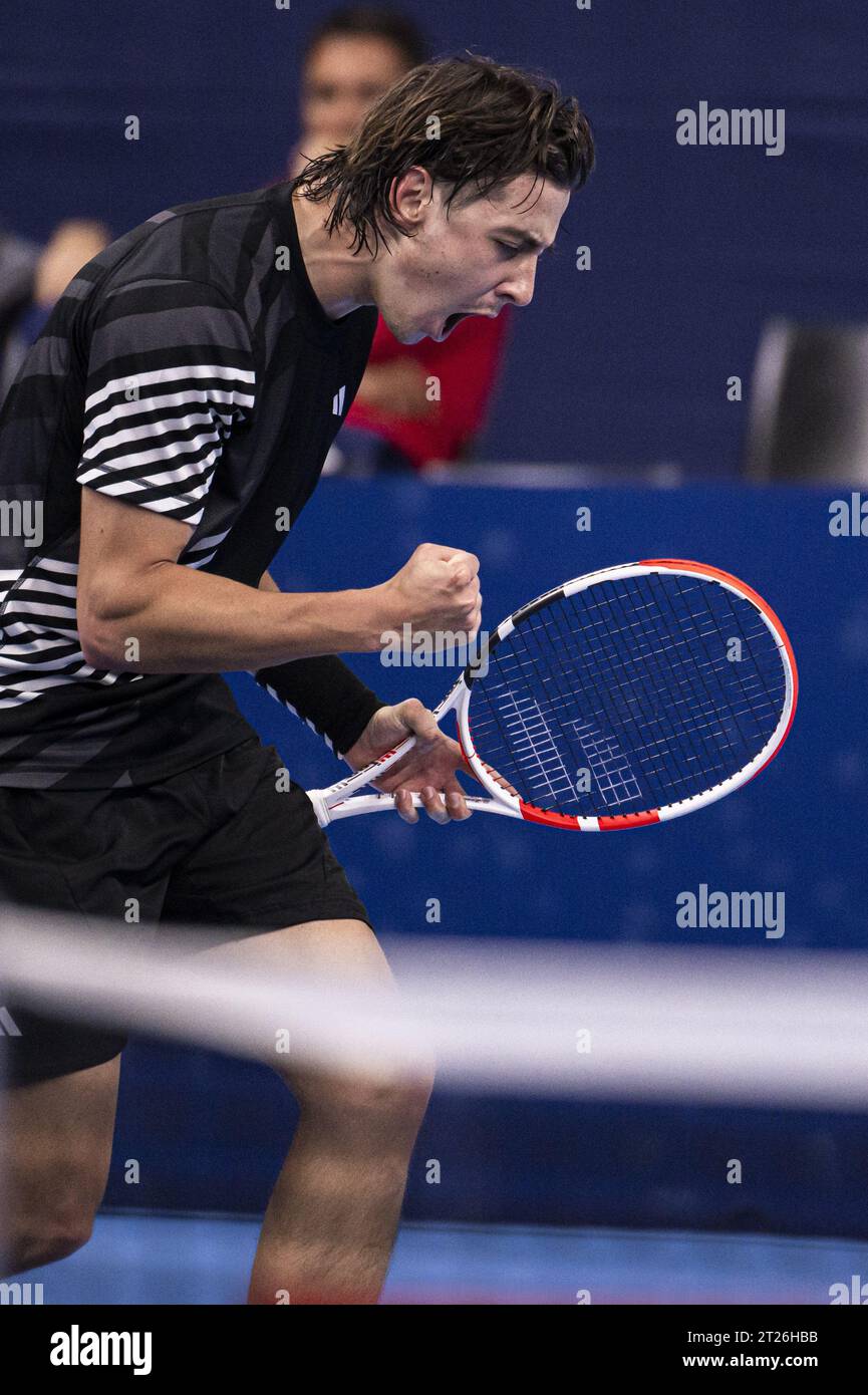 Antwerp, Belgium. 17th Oct, 2023. Russian Alexander Shevchenko celebrates during a first round match at the European Open Tennis ATP tournament, in Antwerp, Tuesday 17 October 2023. BELGA PHOTO LAURIE DIEFFEMBACQ Credit: Belga News Agency/Alamy Live News Stock Photo