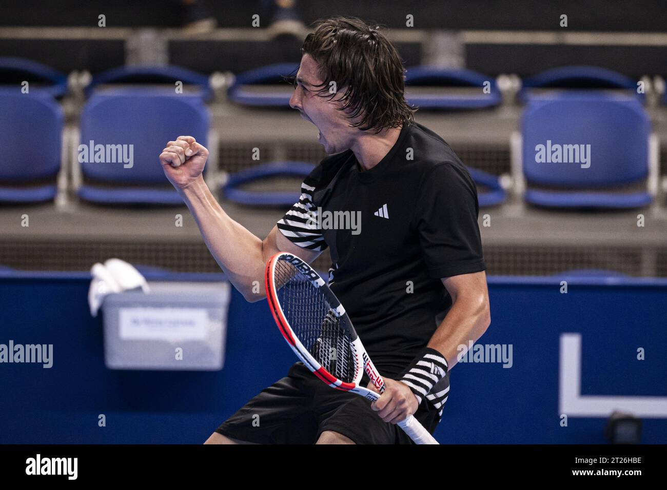Antwerp, Belgium. 17th Oct, 2023. Russian Alexander Shevchenko celebrates during a first round match at the European Open Tennis ATP tournament, in Antwerp, Tuesday 17 October 2023. BELGA PHOTO LAURIE DIEFFEMBACQ Credit: Belga News Agency/Alamy Live News Stock Photo