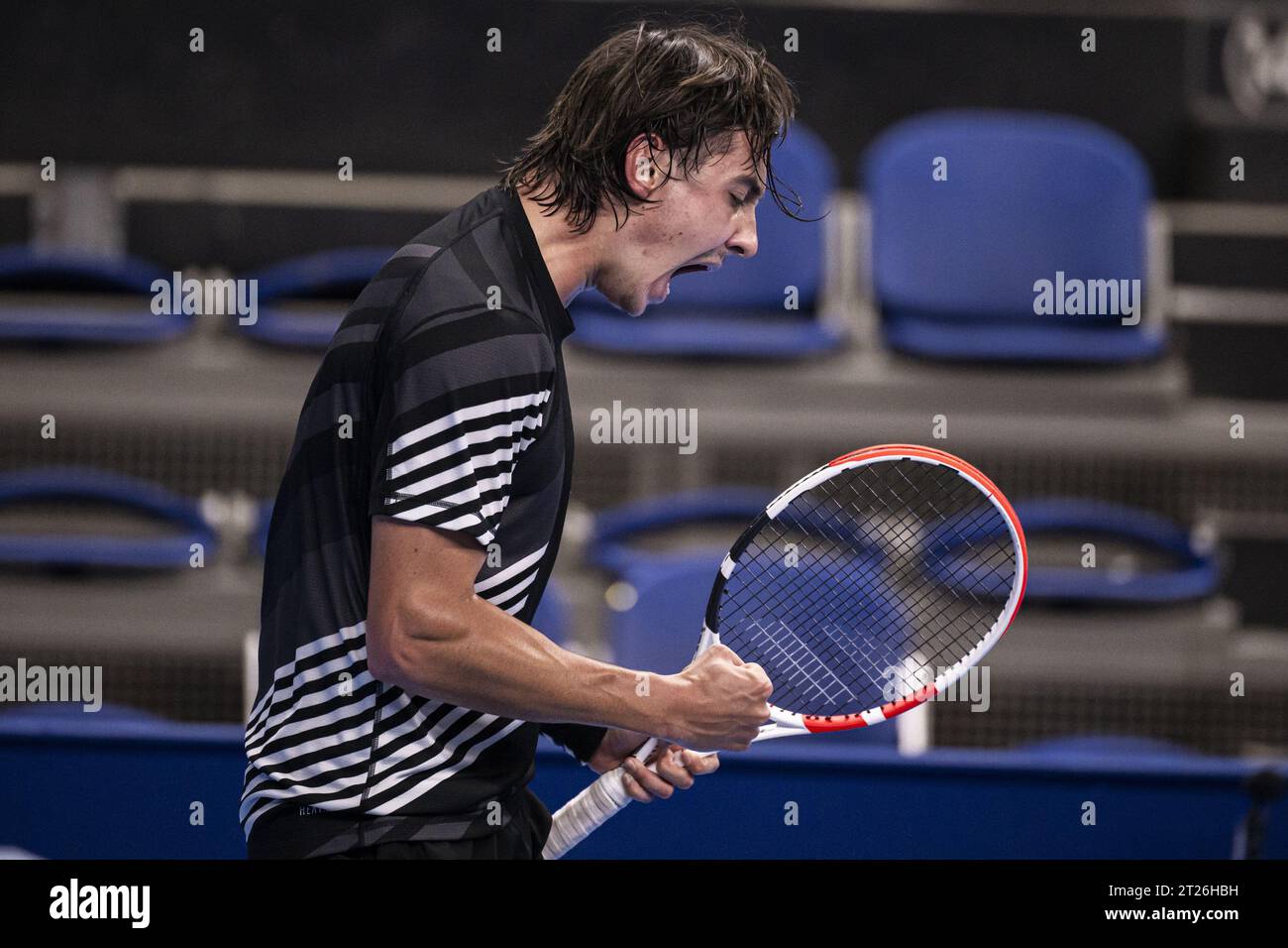 Antwerp, Belgium. 17th Oct, 2023. Russian Alexander Shevchenko celebrates during a first round match at the European Open Tennis ATP tournament, in Antwerp, Tuesday 17 October 2023. BELGA PHOTO LAURIE DIEFFEMBACQ Credit: Belga News Agency/Alamy Live News Stock Photo