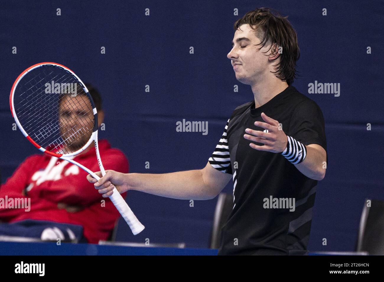Antwerp, Belgium. 17th Oct, 2023. Russian Alexander Shevchenko reacts during a first round match at the European Open Tennis ATP tournament, in Antwerp, Tuesday 17 October 2023. BELGA PHOTO LAURIE DIEFFEMBACQ Credit: Belga News Agency/Alamy Live News Stock Photo