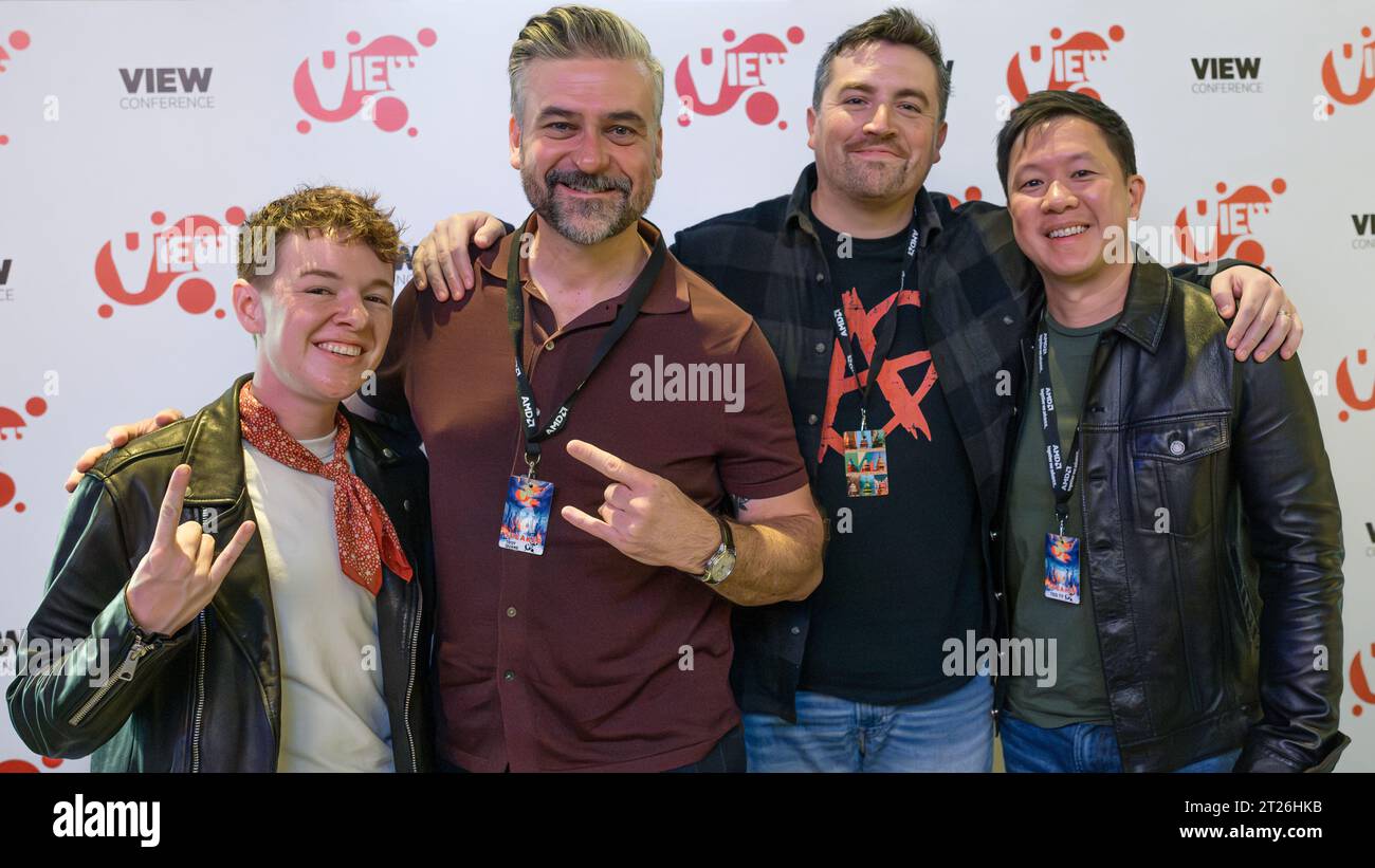Turin, Italy. 17 October 2023. (L-R) ND Stevenson (Nate Diana Stevenson), author of Nimona, Troy Quane, director of Nimona, Nick Bruno, director of Nimona, and Ted Ty, global head of character animation of DNEG Animation, pose for a photo during the VIEW Conference 2023. The VIEW Conference (formerly known as the Virtuality Conference) is a computer graphics, digital cinema, 3D animation, gaming and VFX event held yearly in Turin. Credit: Nicolò Campo/Alamy Live News Stock Photo