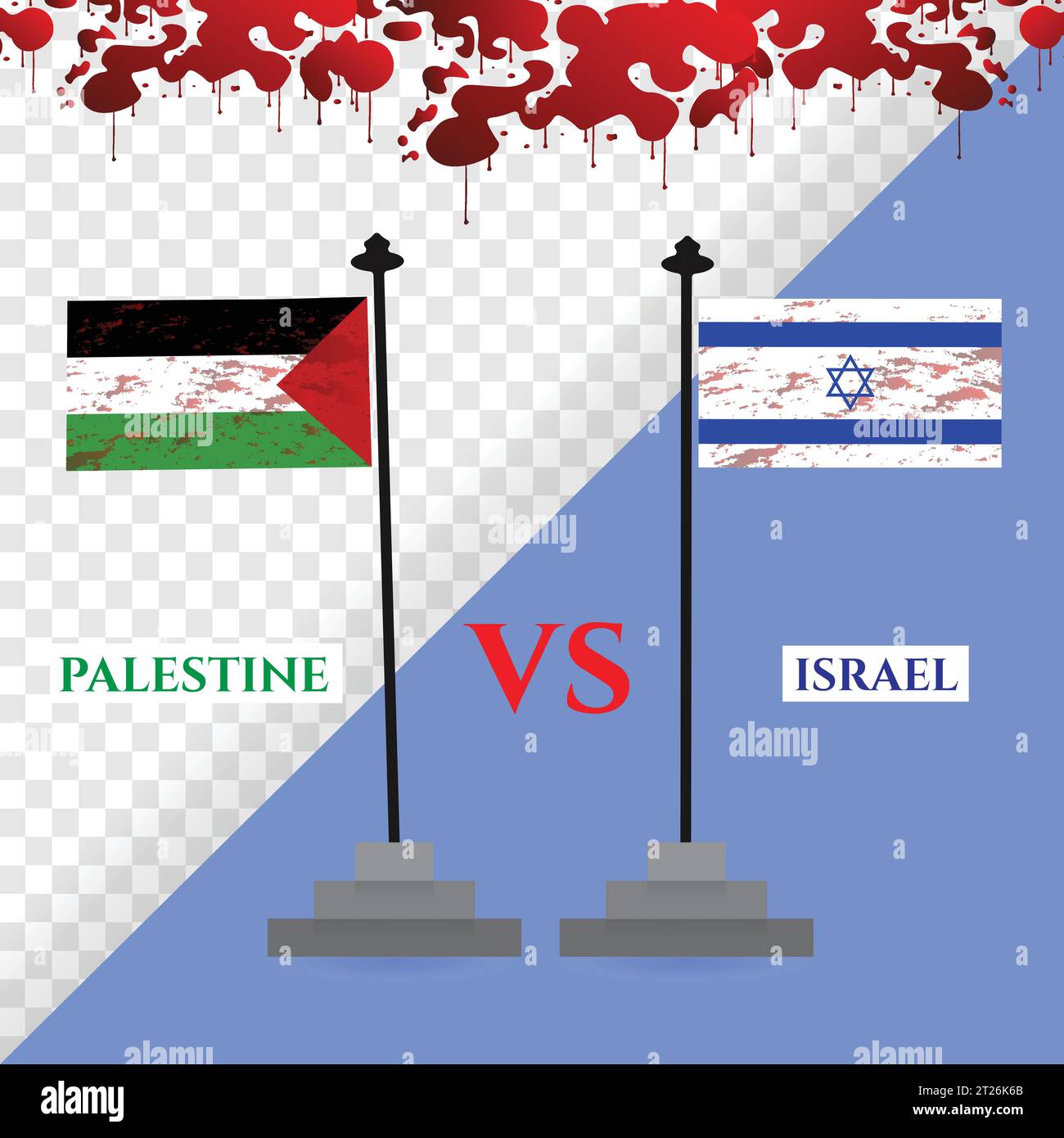 Palestine vs israel flags war with gradient blood, isolated on a