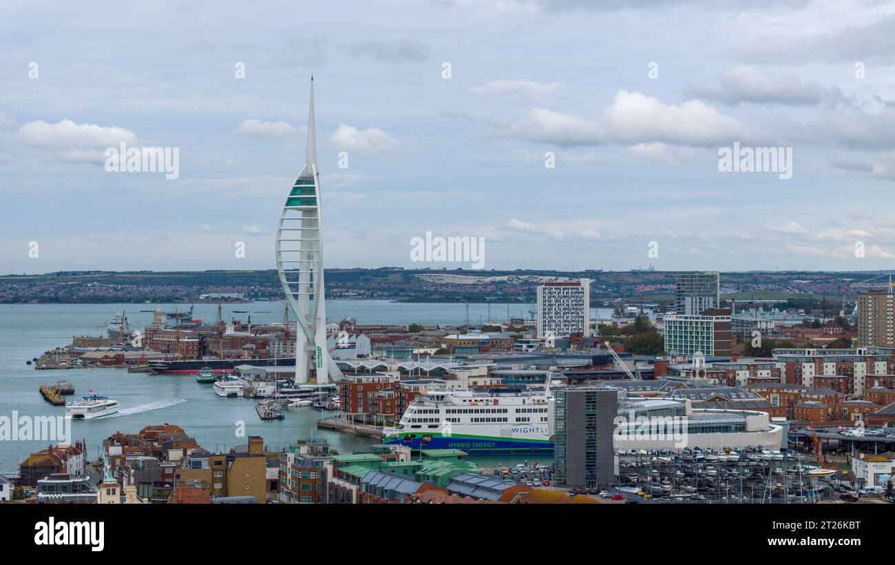 Aerial view of Spice Island and Gunwharf Quays in Portsmouth. Cloudy skies overhead on an Autumn day. Stock Photo
