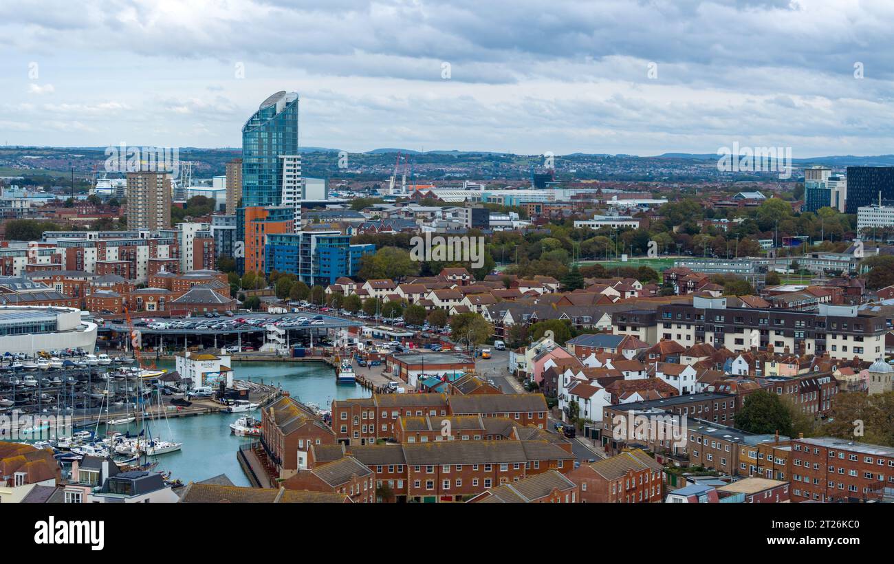 Aerial view of Spice Island and Gunwharf Quays in Portsmouth. Cloudy skies overhead on an Autumn day. Stock Photo