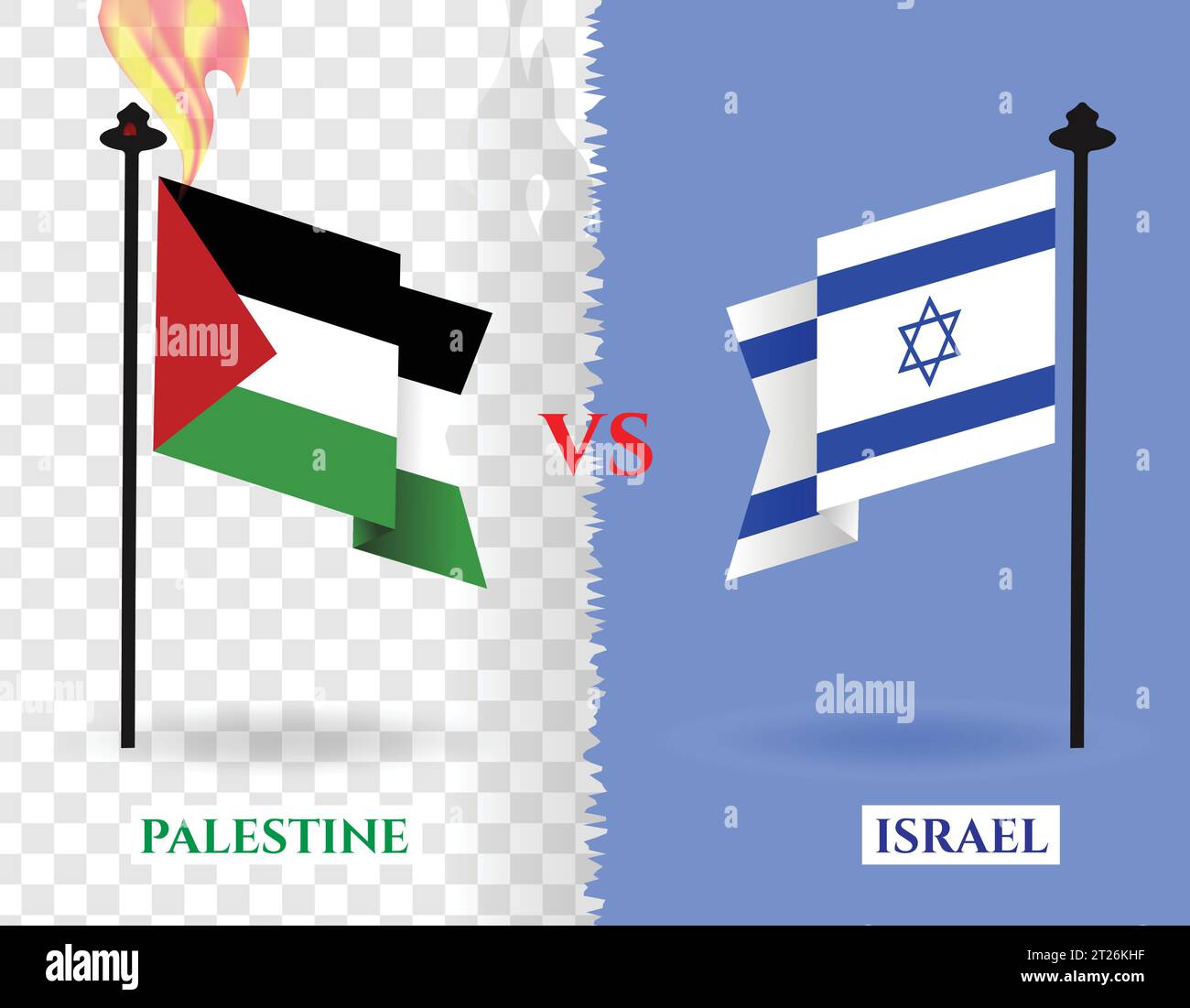 Palestine vs israel flags war with realistic fire, isolated on a background, vector illustration Stock Vector