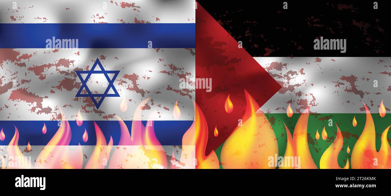 Palestine vs israel flags with realistic fire, vector illustration Stock Vector