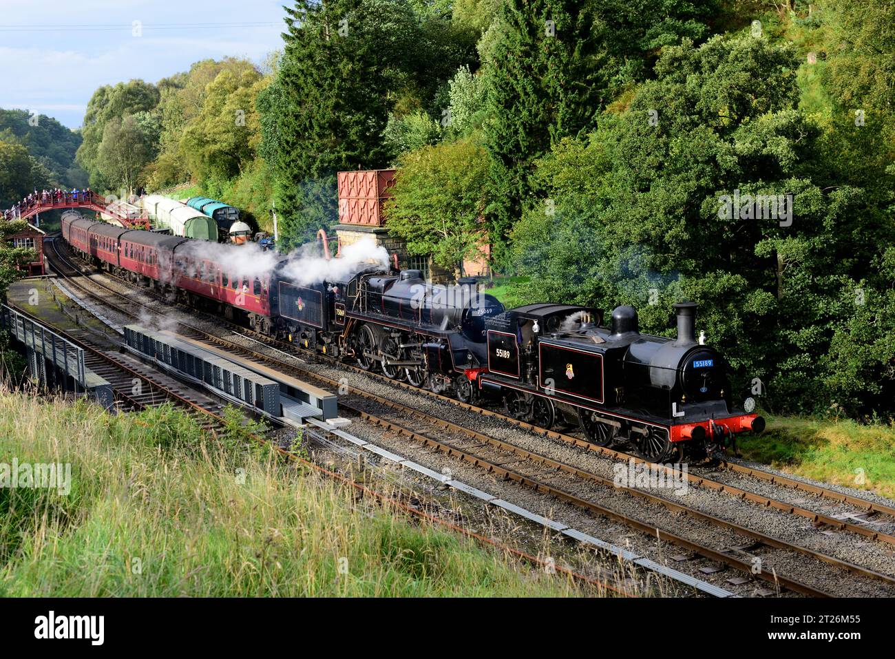 Caledonian Railway class 439 tank engine No 55189 and BR Standard class 4MT No 75069 at Goathland station on the North Yorkshire Moors Railway. Stock Photo