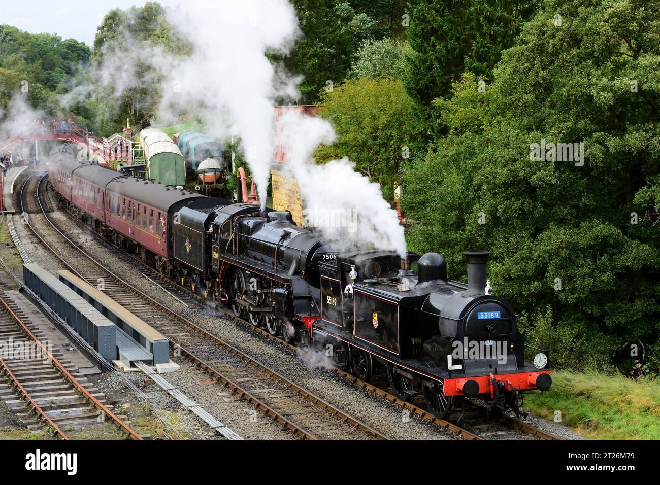 Caledonian Railway class 439 tank engine No 55189 and BR Standard class 4MT No 75069 at Goathland station on the North Yorkshire Moors Railway. Stock Photo