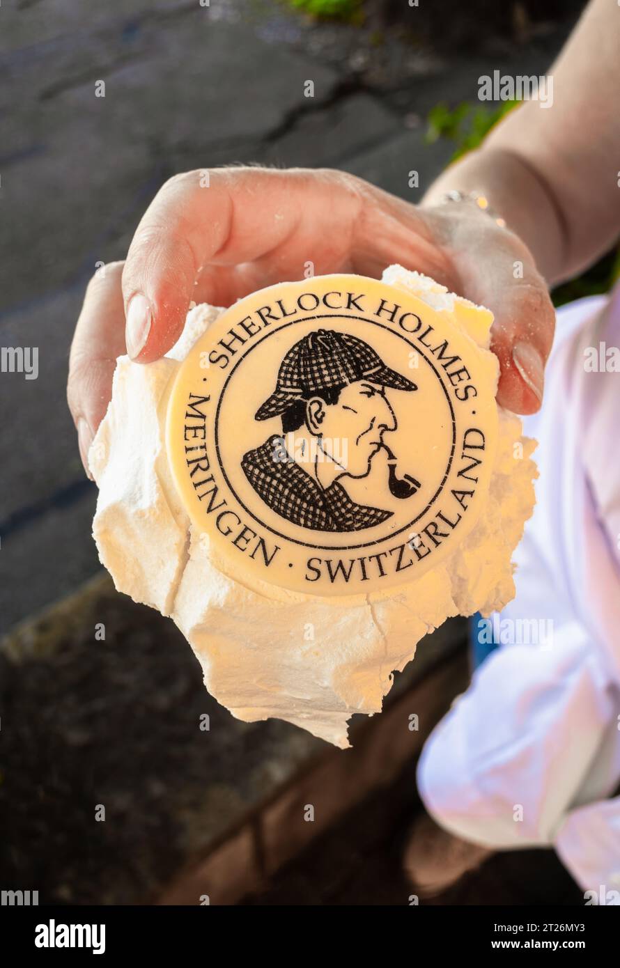 Meiringen, Switzerland - August 22, 2023 - In Meiringen is the Sherlock Holmes Museum. It is also estimated as the birthplace of the meringue dessert Stock Photo