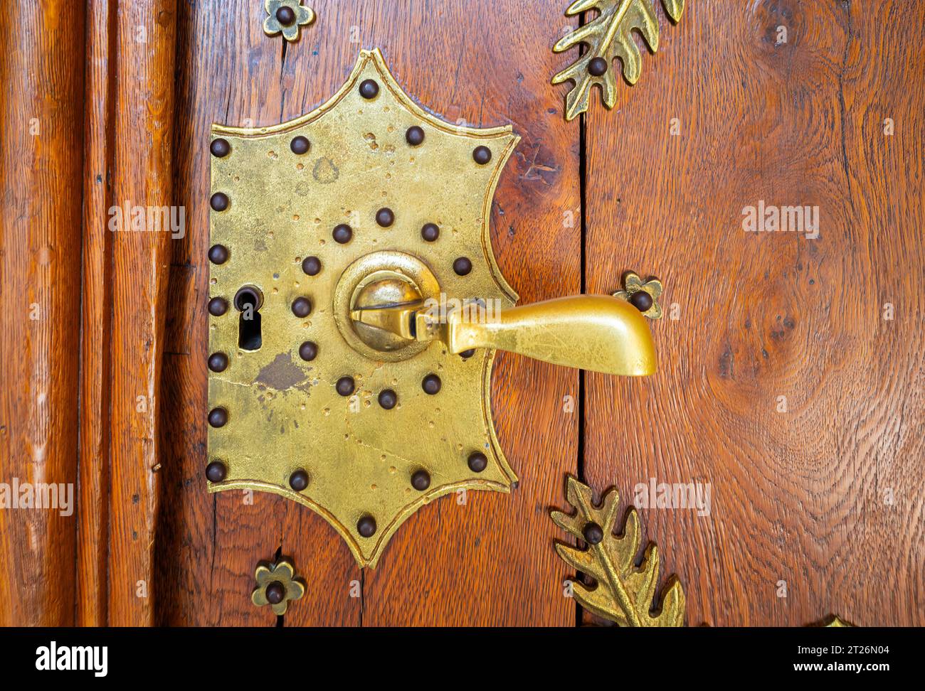A metallic brass door handle on a wooden vintage door. Stock Photo