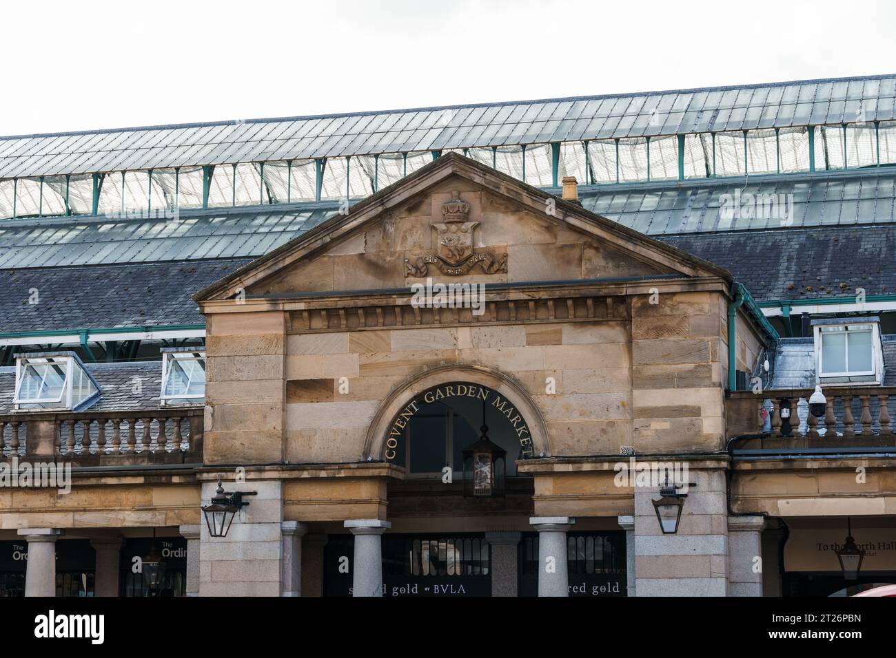 LONDON, UK - August 25, 2023: Entrance to Covent Garden Market. Located in the West End of London, Covent Garden is renowned for its luxury fashion an Stock Photo
