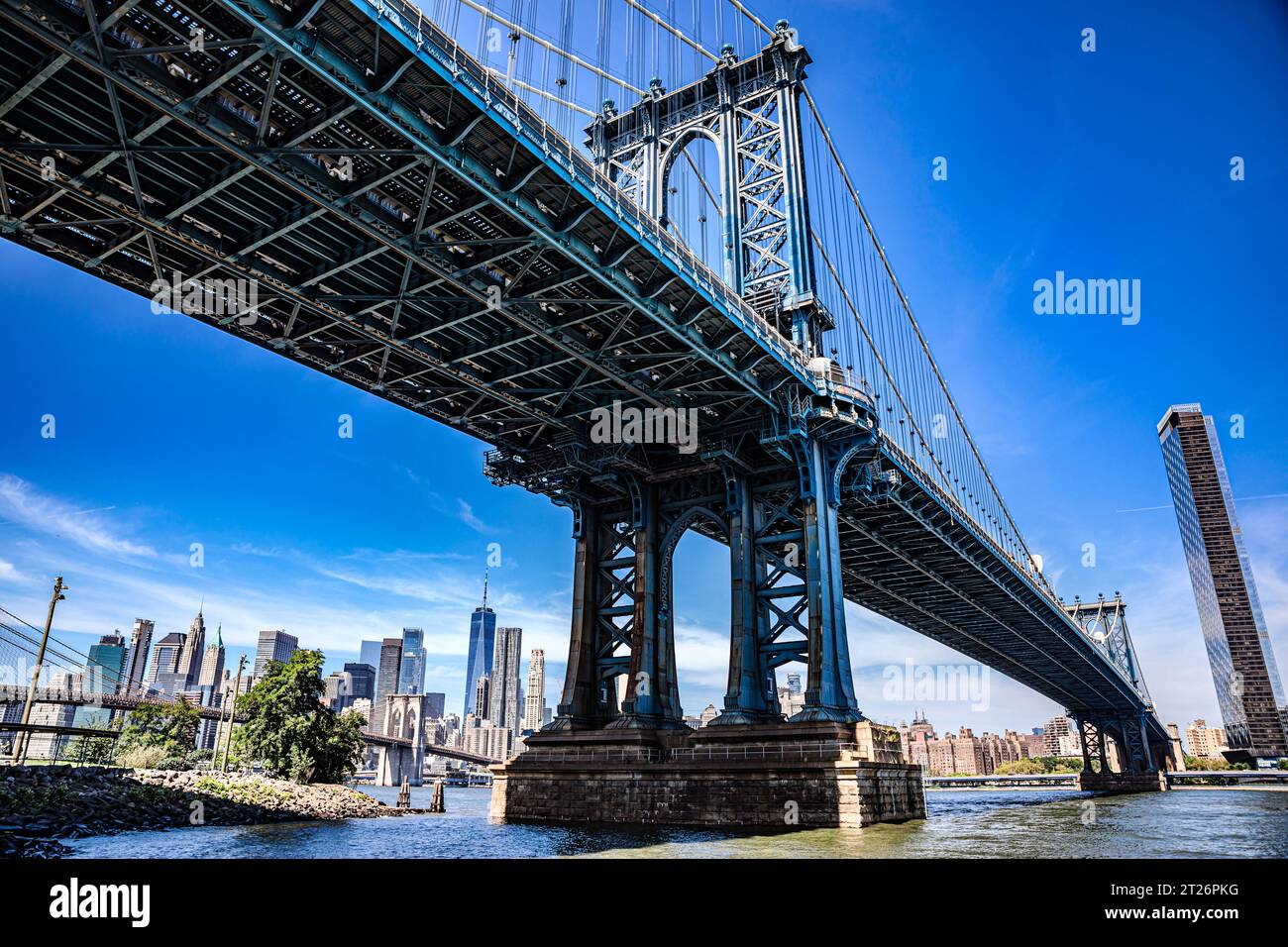 View from underneath the Manhattan Bridge in New York. Stock Photo