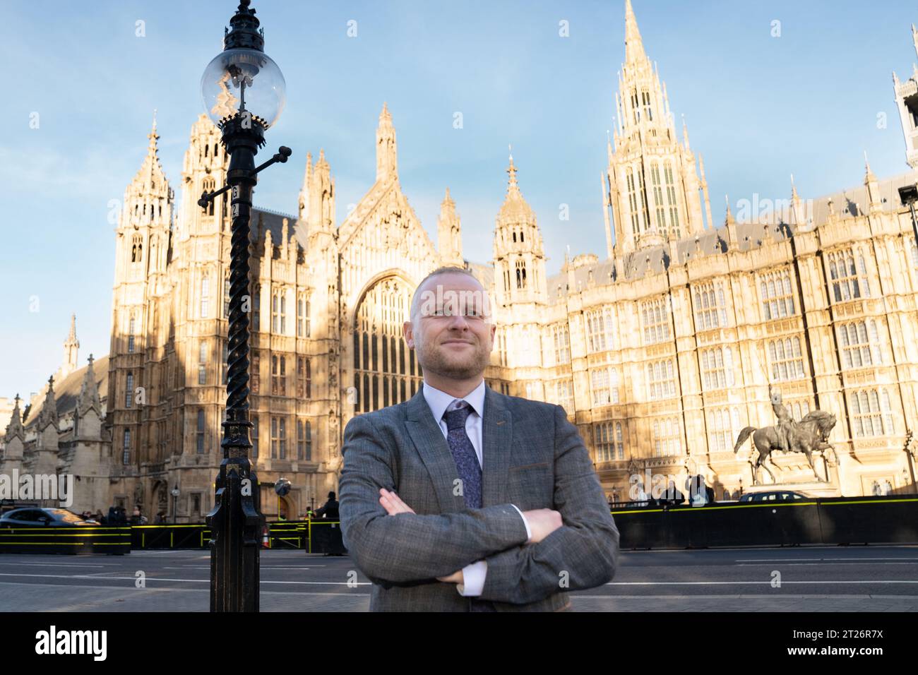 Loyalist activist Jamie Bryson, at the House of Commons in central London, after giving evidence to the Northern Ireland Affairs Committee which is investigating the effect of paramilitary activity and organised crime on society in Northern Ireland. Picture date: Tuesday October 17, 2023. Stock Photo