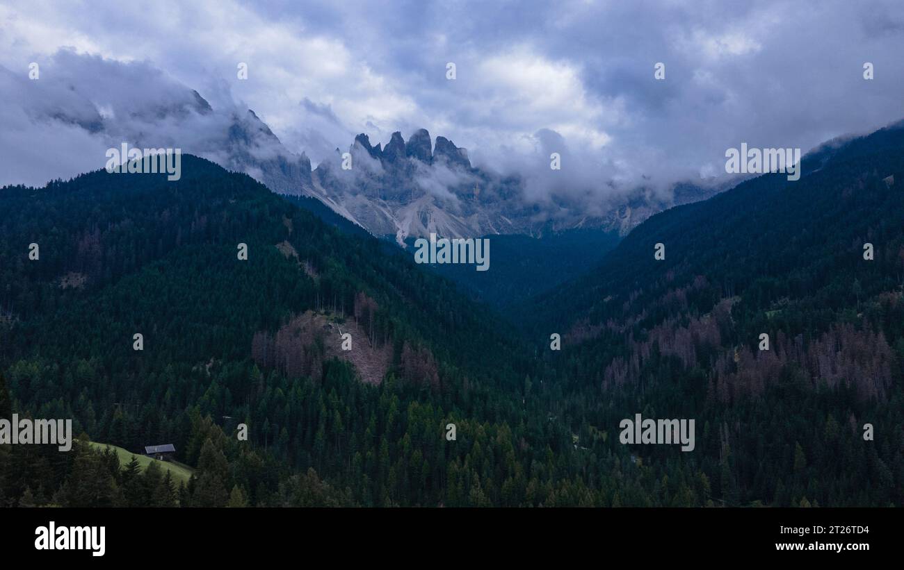 Aerial view of the Italian Dolomites at Saint Magdalena, on a rainy day. Photography was shot