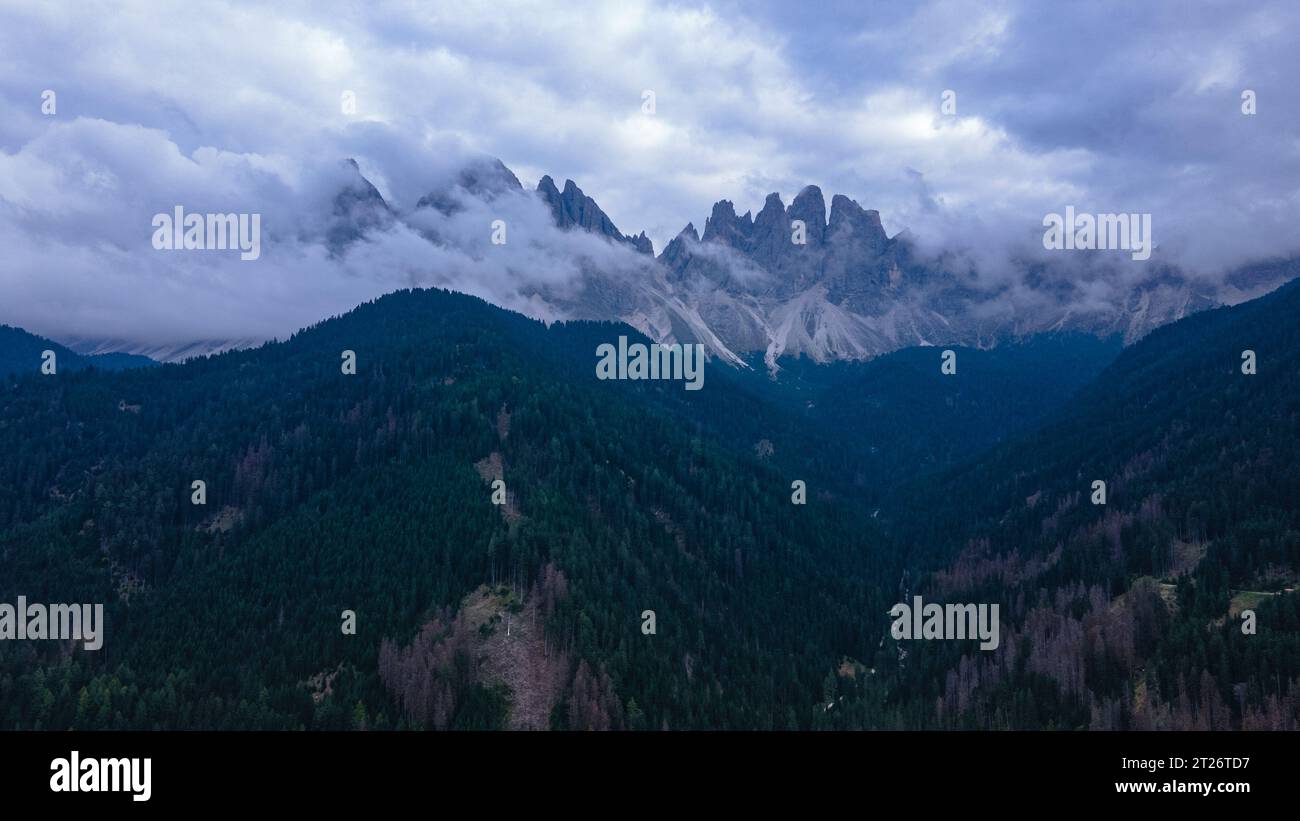 Aerial view of the Italian Dolomites at Saint Magdalena, on a rainy day. Photography was shot