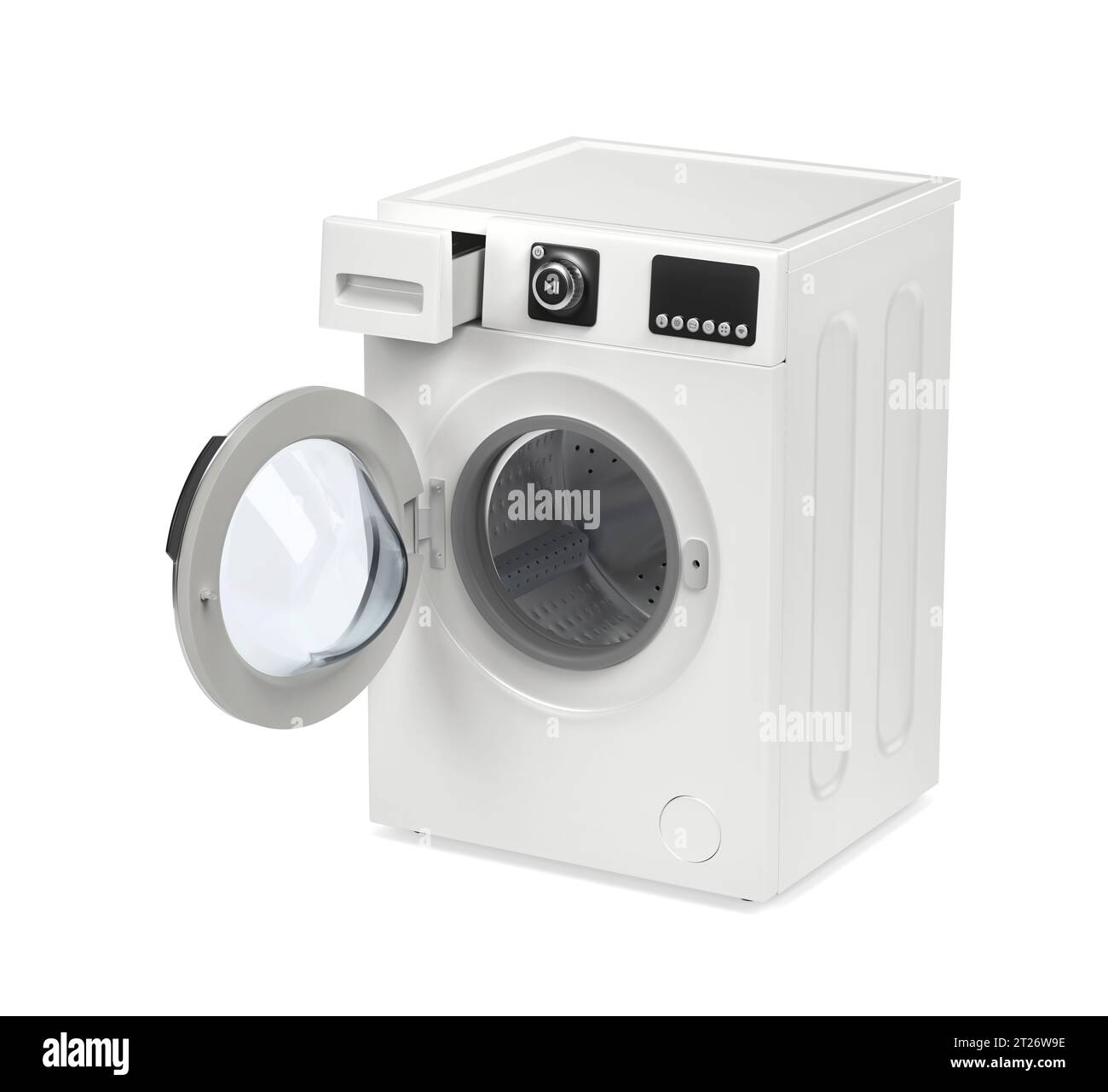 Empty washing machine with opened door and detergent drawer Stock Photo