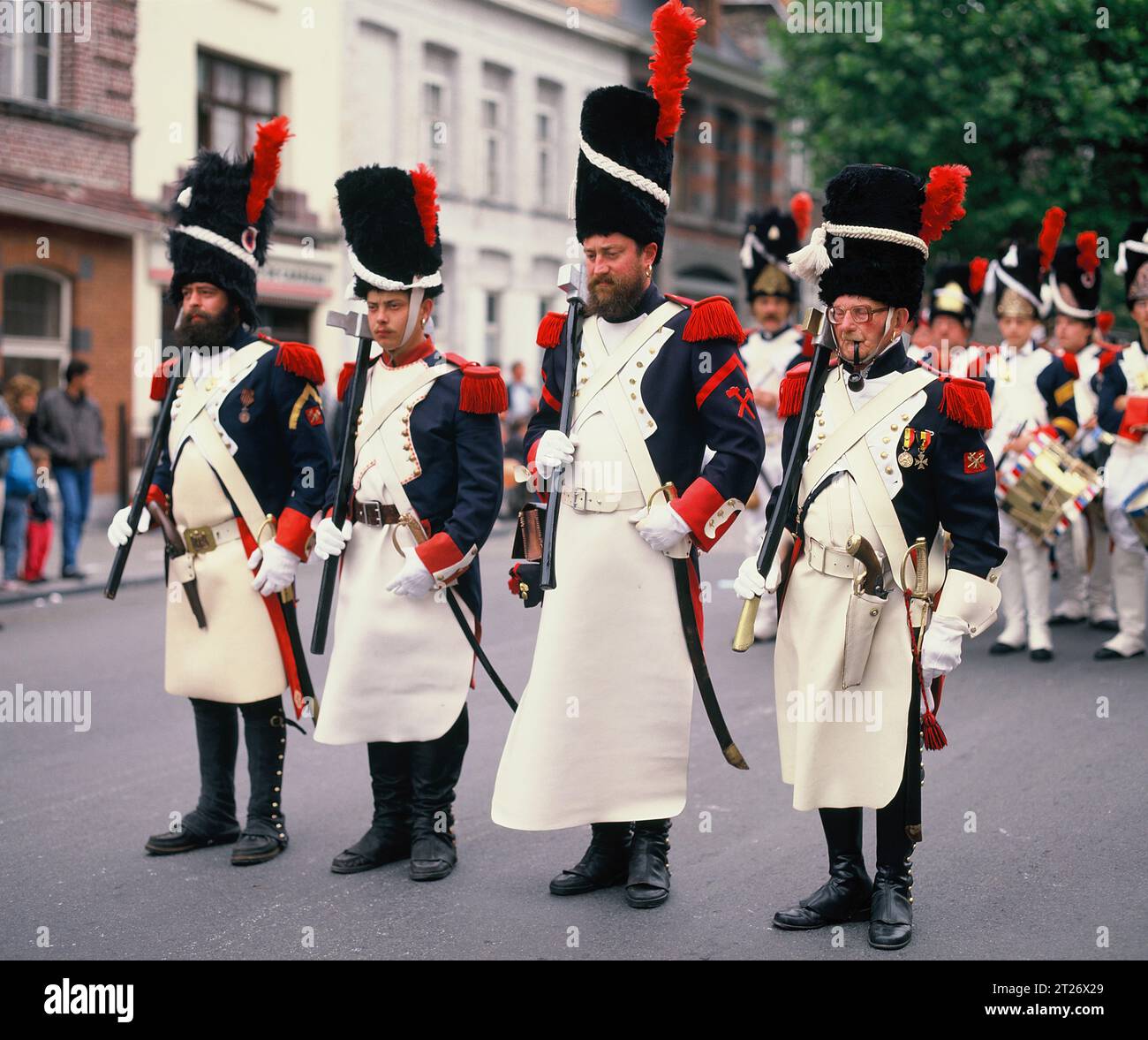 France. Alsace. Obernai. Carnival. Men in Napoleonic Military Costumes. Stock Photo