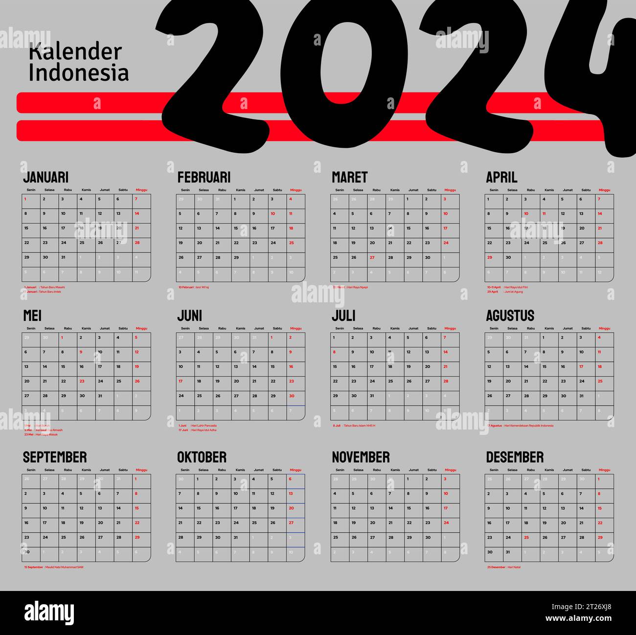 Indonesian Calendar 2025 template vector, simple minimal design