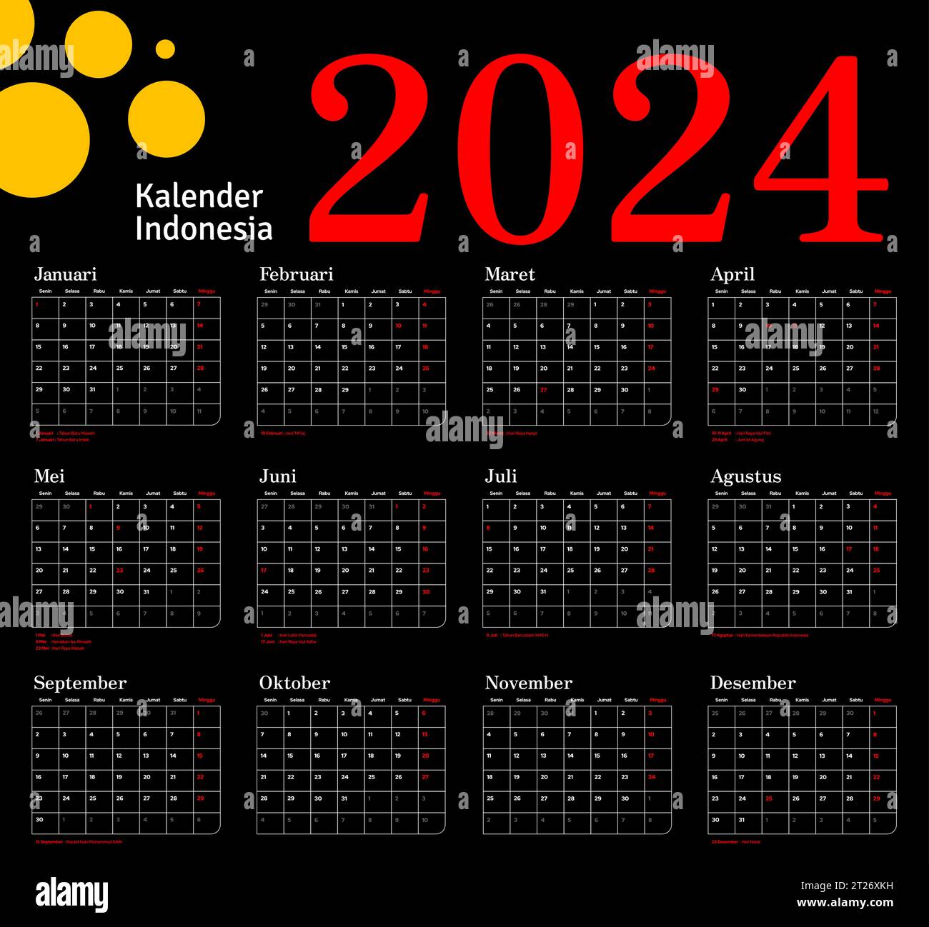 Indonesian Calendar 2025 template vector, simple minimal design