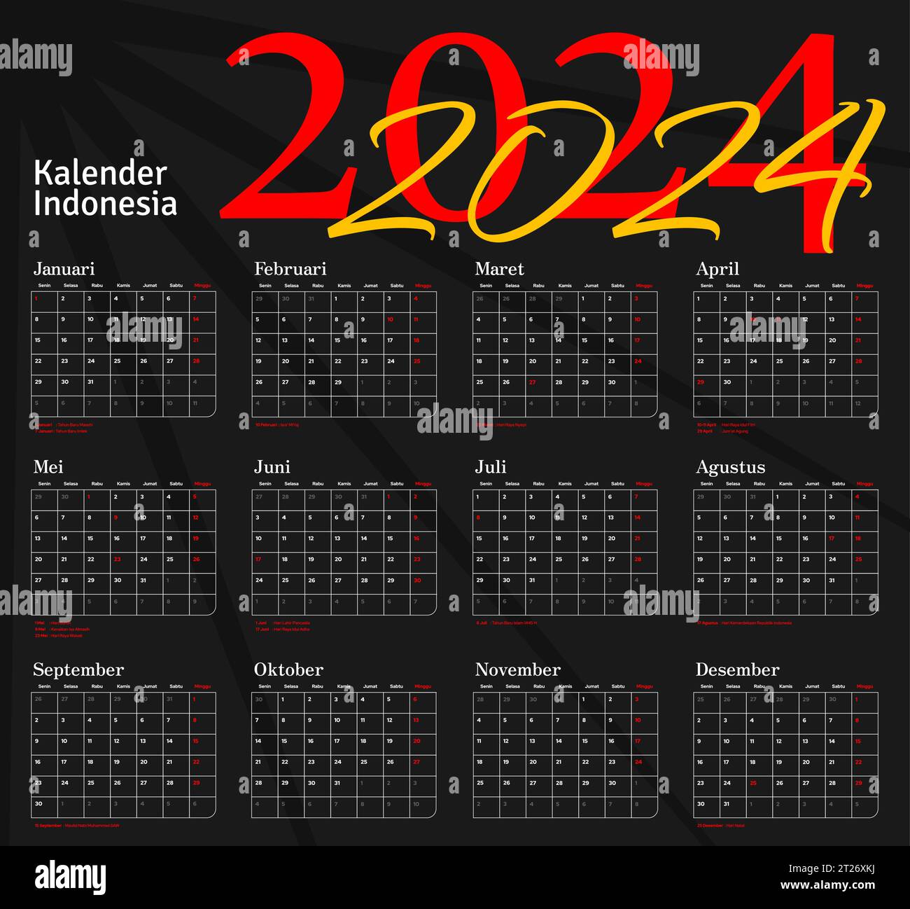 Indonesian Calendar 2024 template vector, simple minimal design