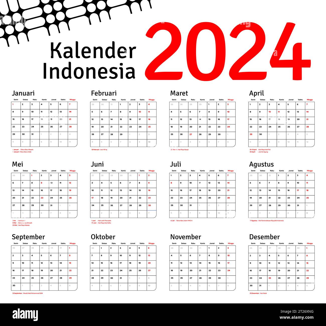 Indonesian Calendar 2025 template vector, simple minimal design