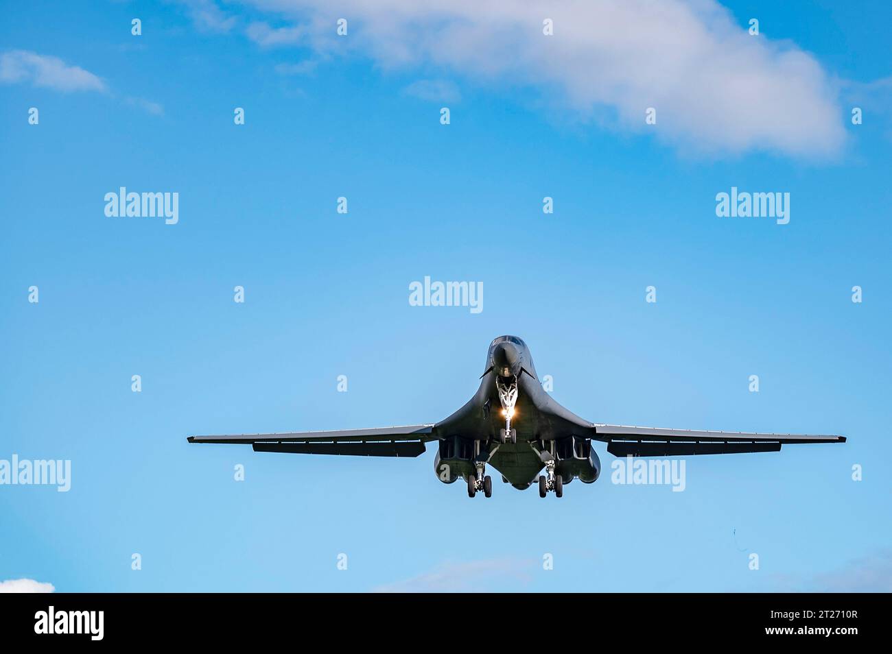 Fairford, United Kingdom. 14th Oct, 2023. A U.S. Air Force B-1B Lancer supersonic stealth strategic bomber aircraft, assigned to the 9th Expeditionary Bomb Squadron, comes in to land at RAF Fairford, October 14, 2023 in Fairford, England, United Kingdom. Credit: SrA Ryan Hayman/U.S. Air Force Photo/Alamy Live News Stock Photo