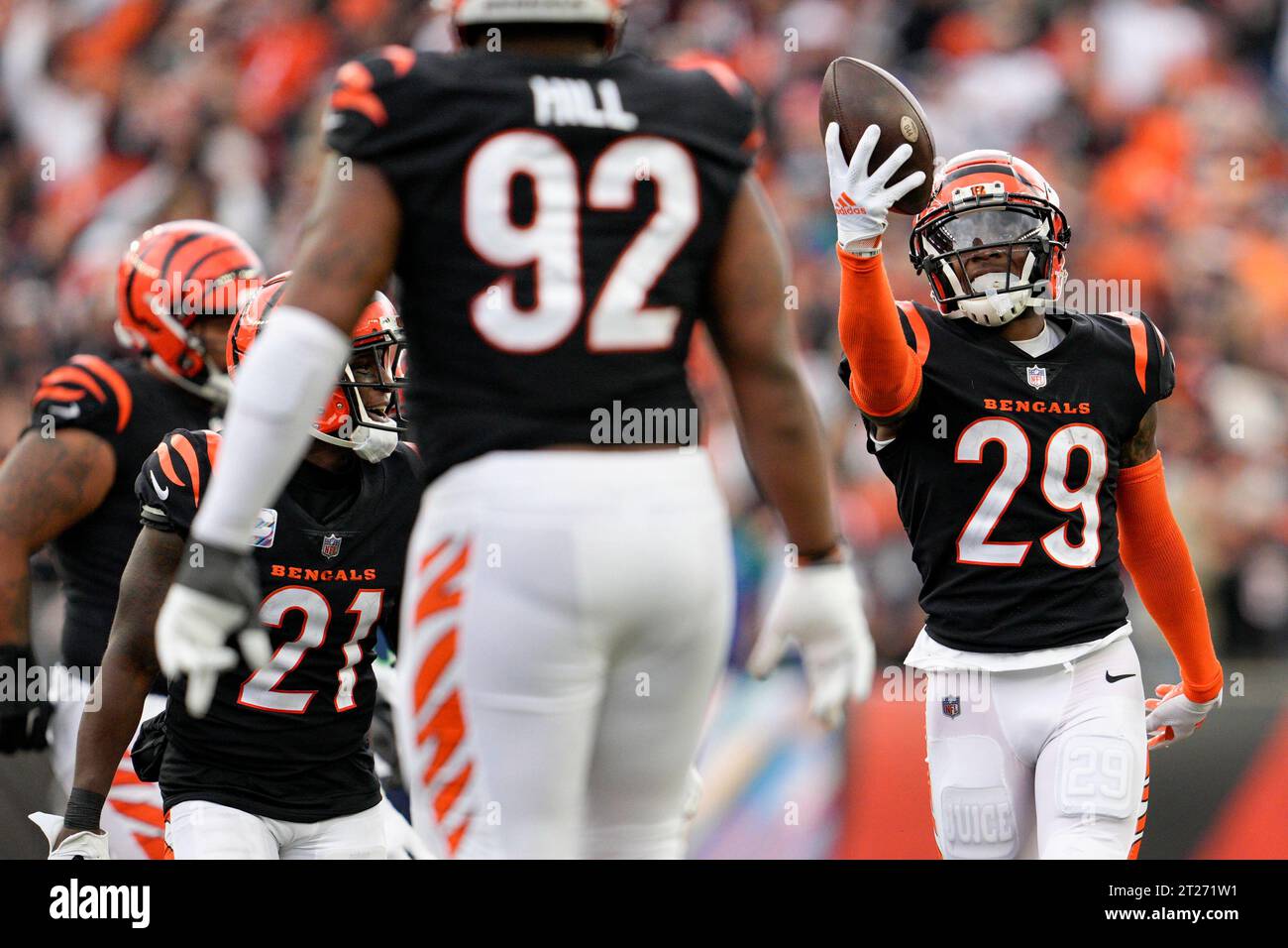 Cincinnati Bengals Cornerback Cam Taylor Britt 29 Celebrates With Teammates After Making An 2490