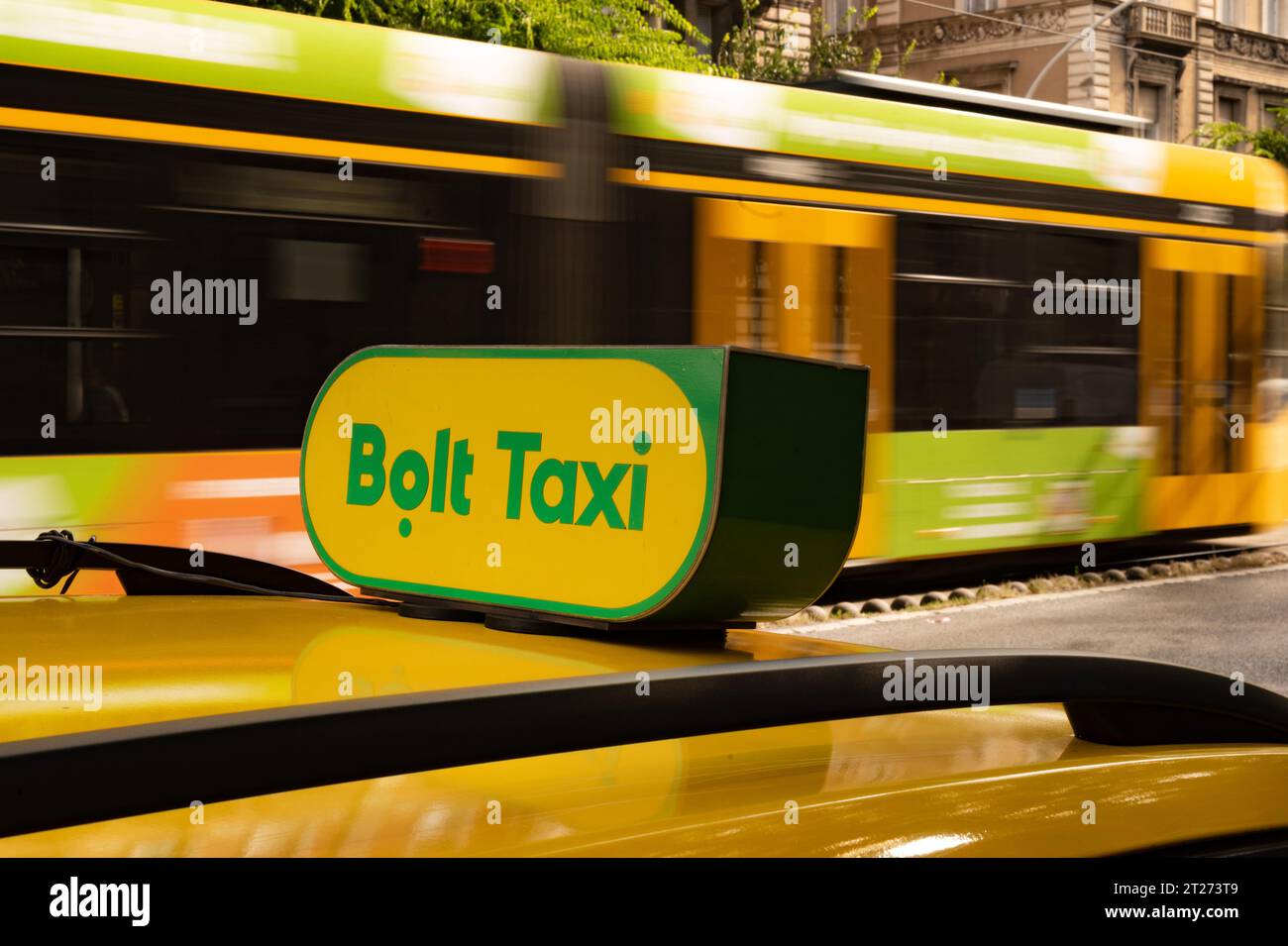 Budapest, Hungary. October 1st 2023 Sign for Bolt, an Estonian ridehailing taxi company in