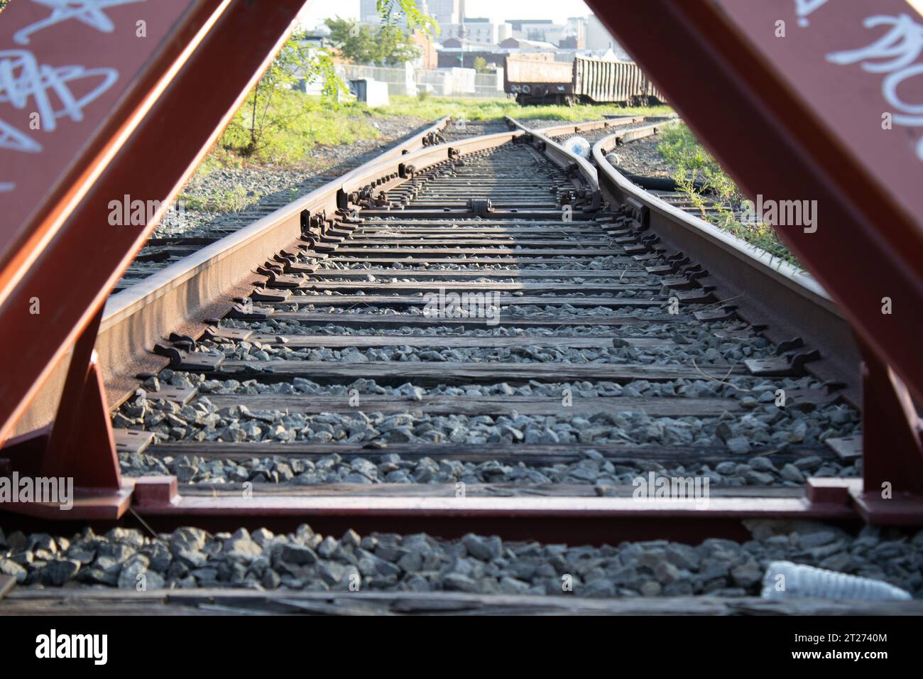 Railroad bumper graffitied Stock Photo - Alamy