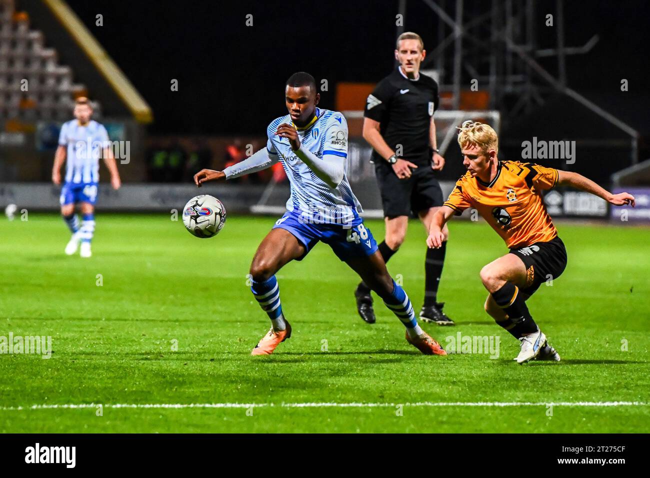 Bradley Ihionvien (48 Colchester United) challenged by cambridge united during the EFL Trophy match between Cambridge United and Colchester United at the R Costings Abbey Stadium, Cambridge on Tuesday 17th October 2023. (Photo: Kevin Hodgson | MI News) Credit: MI News & Sport /Alamy Live News Stock Photo