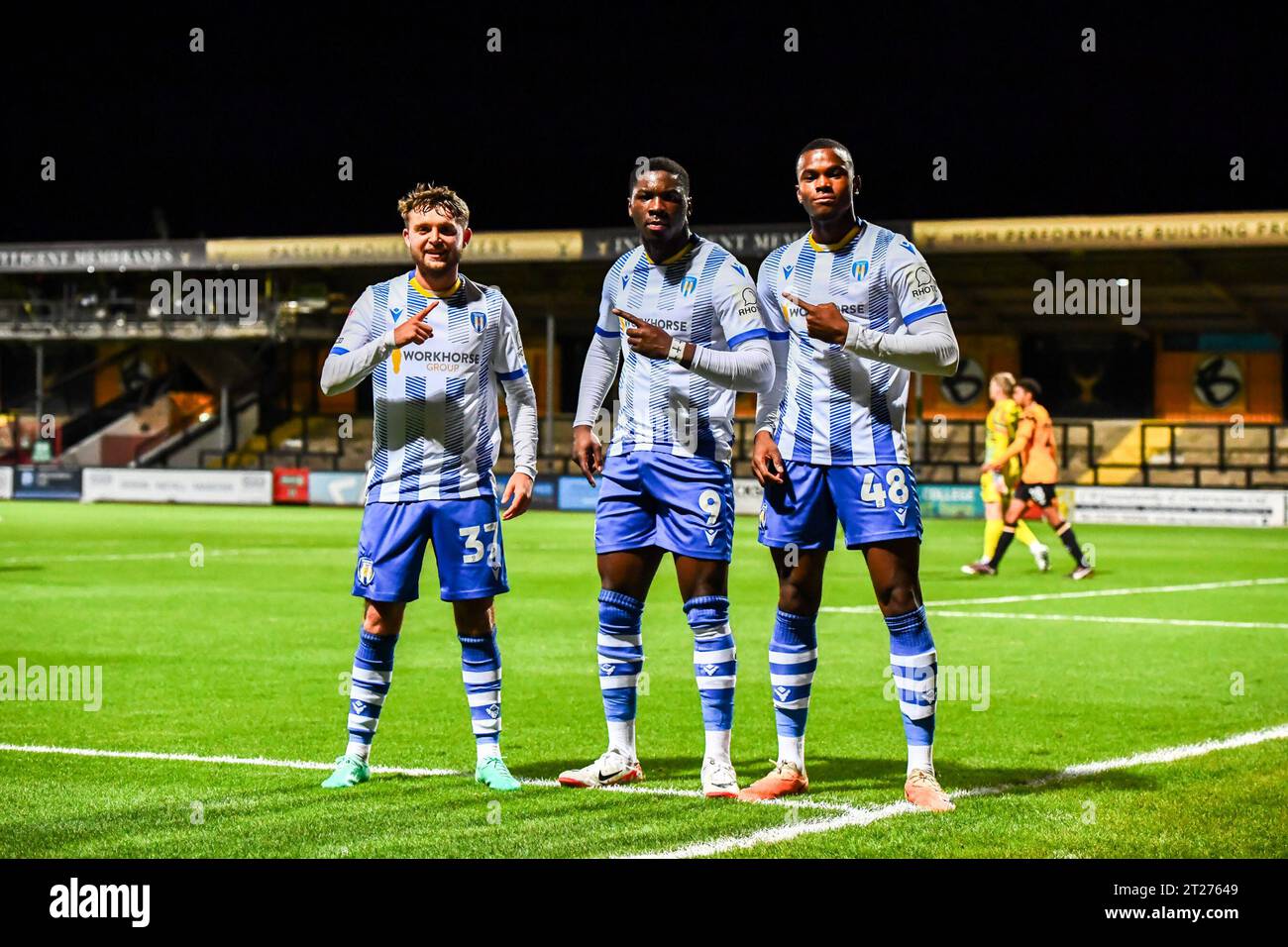 Samson Tovide (9 Colchester United) celebrates after scoring teams