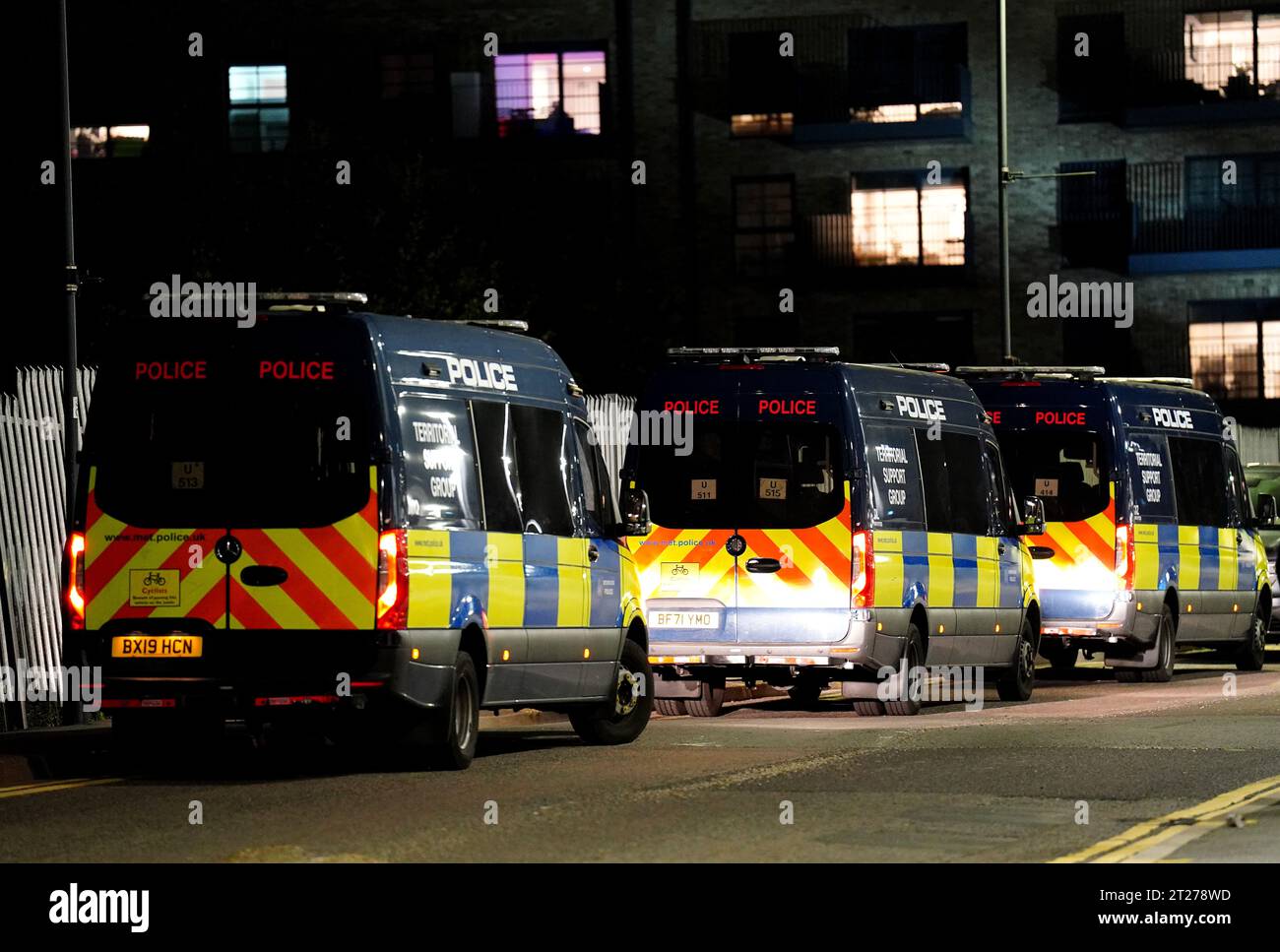 Territorial Support Group police vans parked near the stadium ahead of the UEFA Euro 2024 qualifying match between England and Italy at Wembley Stadium, London. Picture date: Tuesday October 17, 2023. Stock Photo