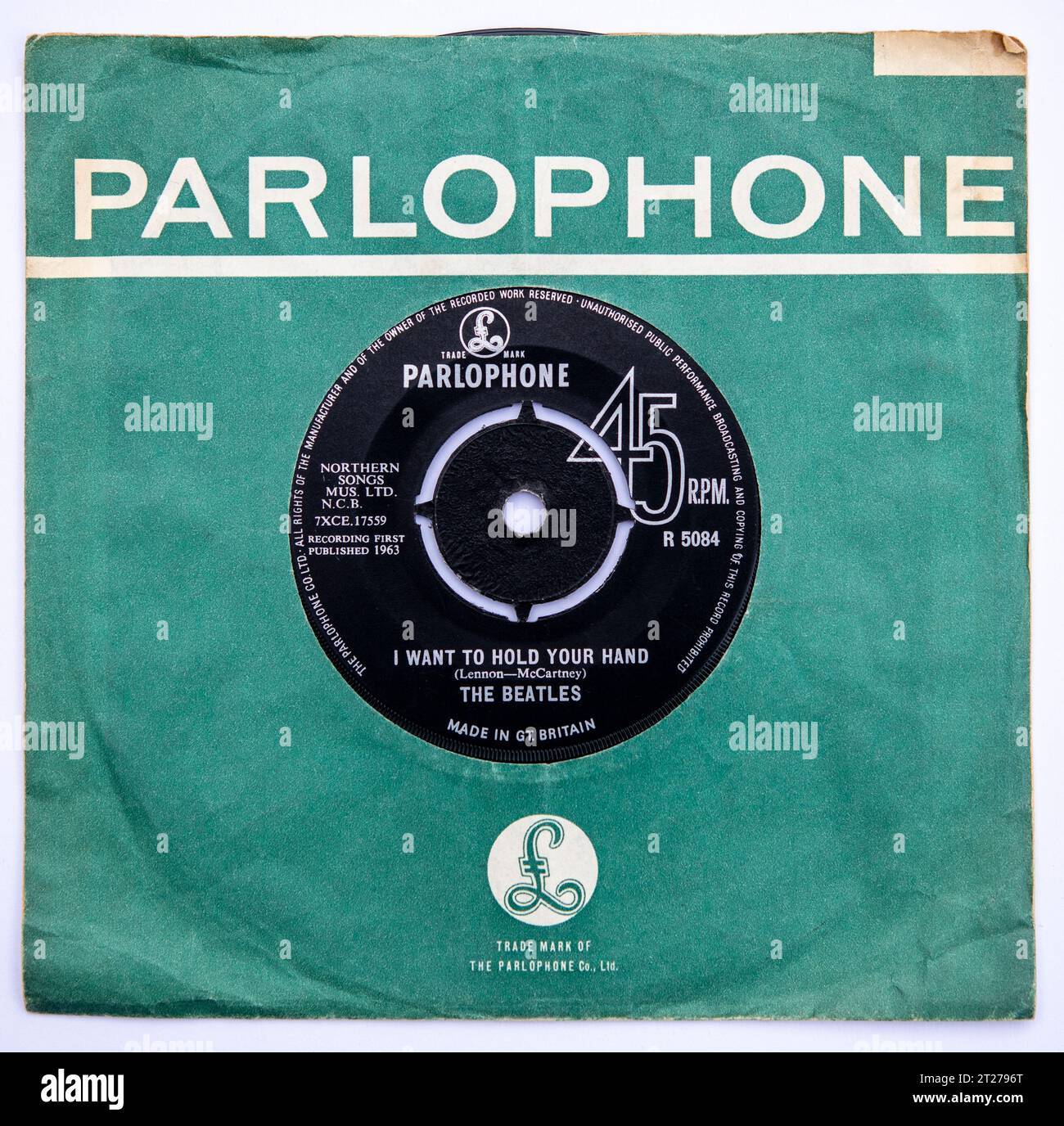 Original seven inch vinyl single of I Want to Hold Your Hand by The Beatles, released on the Parlophone label in 1963 Stock Photo