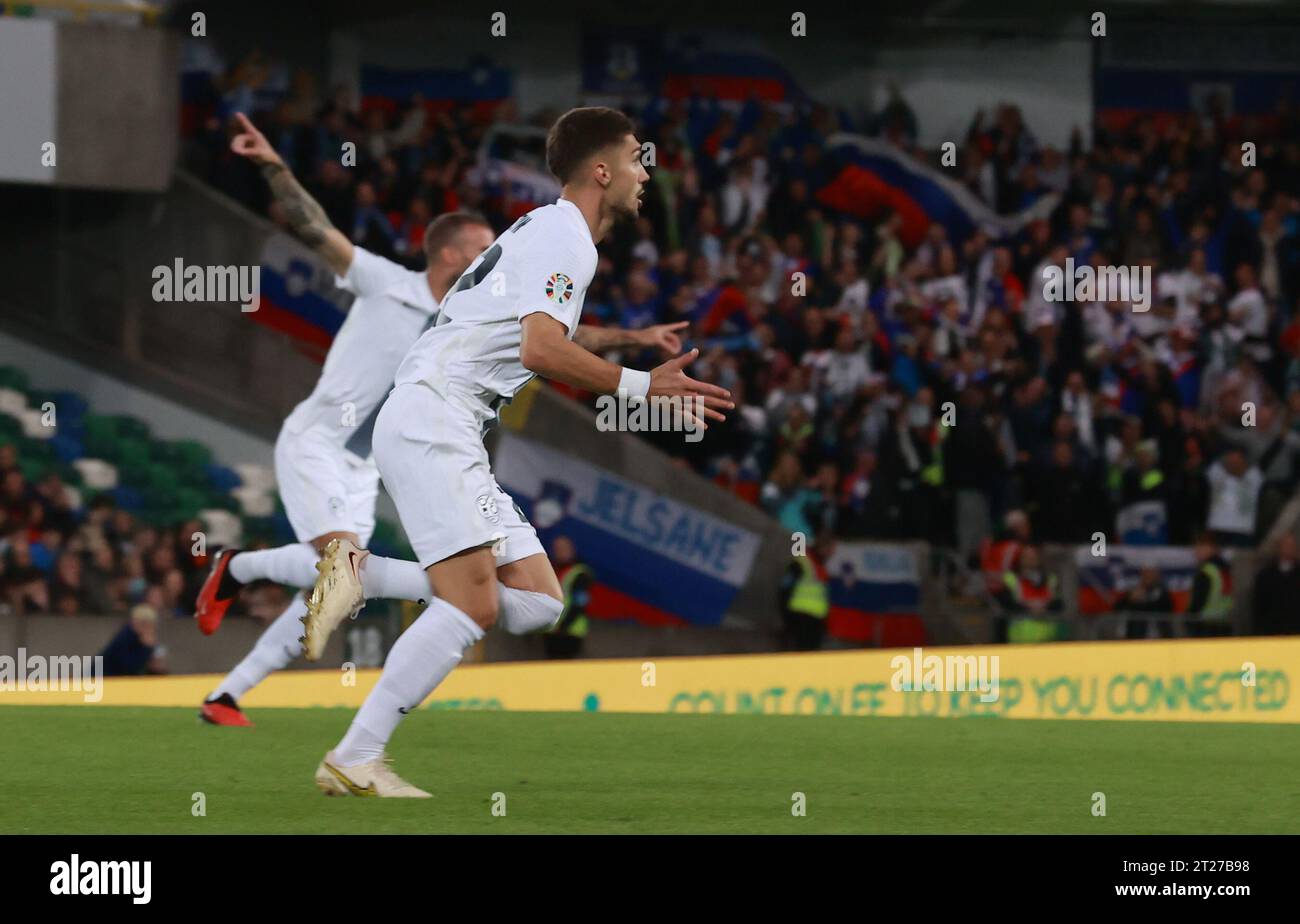 Slovenia’s Adam Cerin celebrates scoring the opening goal during the ...