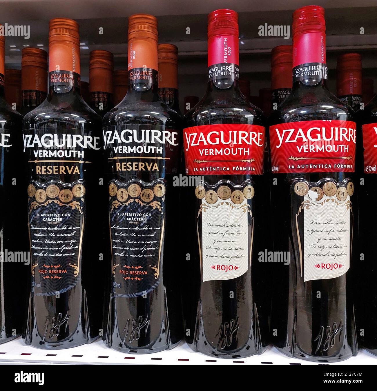 Yzaguirre Rojo Vermouth bottles in a supermarket Stock Photo
