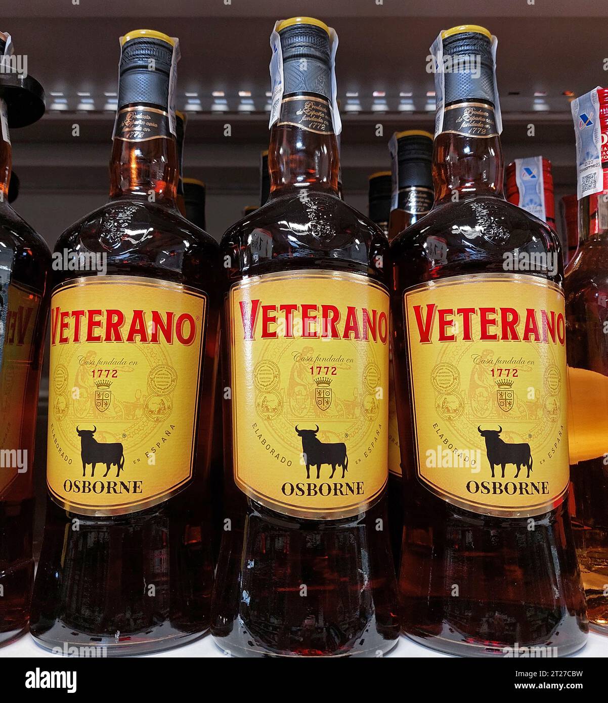 Osborne Veterano brandy bottles in a supermarket Stock Photo