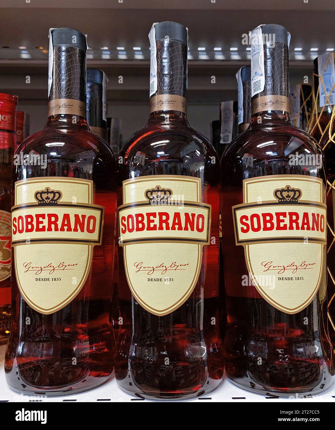 Soberano brandy bottles in a supermarket Stock Photo