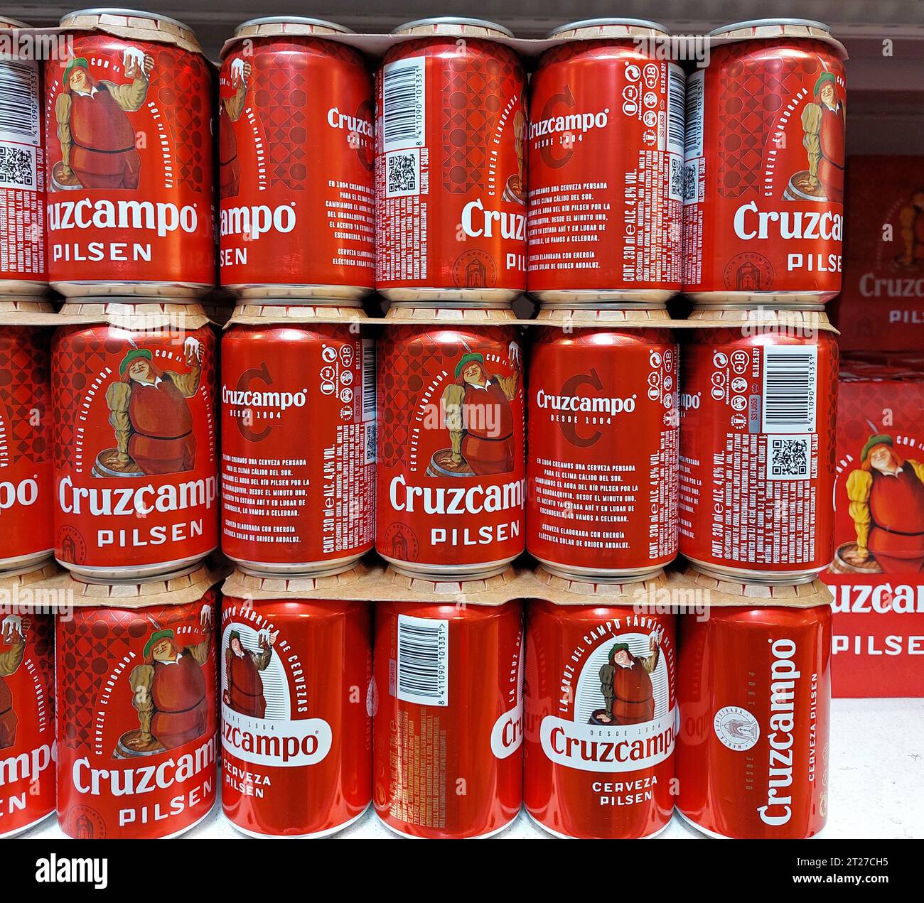 spanish Cruzcampo beer cans in a supermarket Stock Photo