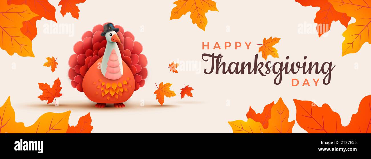 Happy Thanksgiving Day banner with Thanksgiving turkey cute cartoon ...
