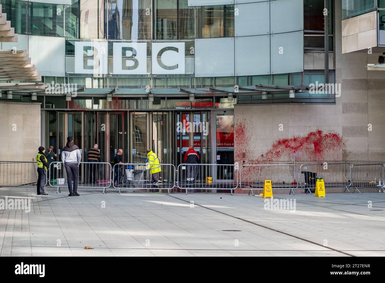 Pro-Palestinian group spray red pain on the BBC’s Broadcasting House headquarters in London over its coverage of the Israel-Hamas conflict. Stock Photo