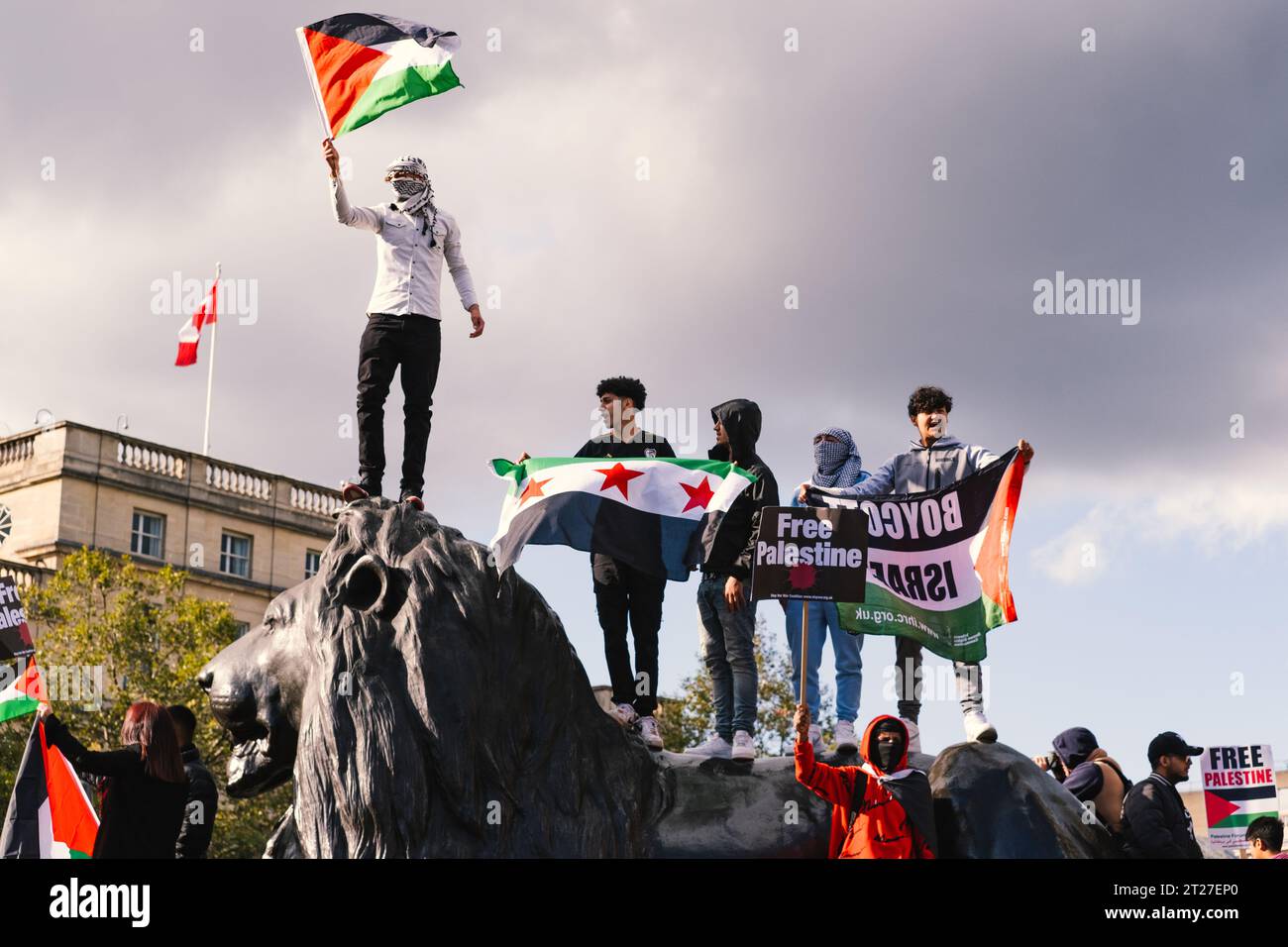Pro Palestinian protester waves Palestine flag stood on lion statue at Nelsons Column, Trafalgar Square, during the Free Palestine march in London. Stock Photo