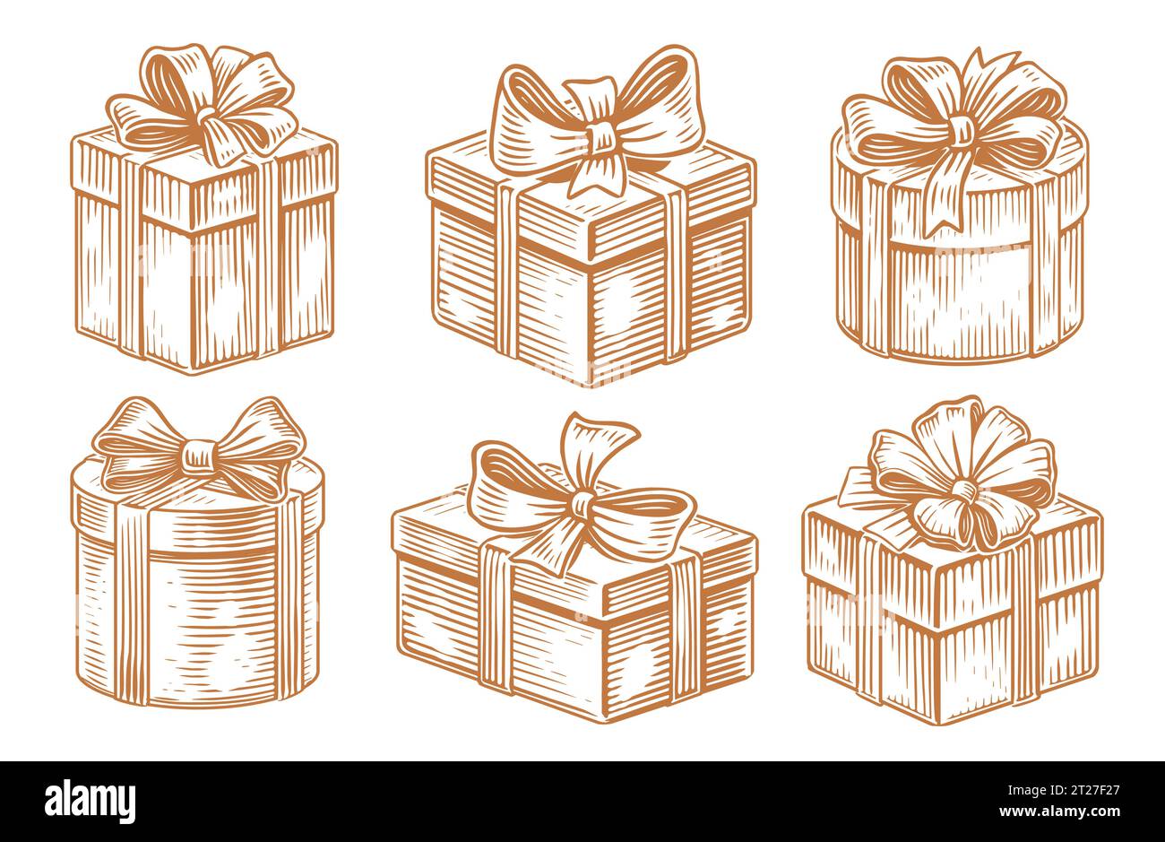 Gift box with ribbon bow. Holiday surprise in sketch style. Vintage vector illustration Stock Vector