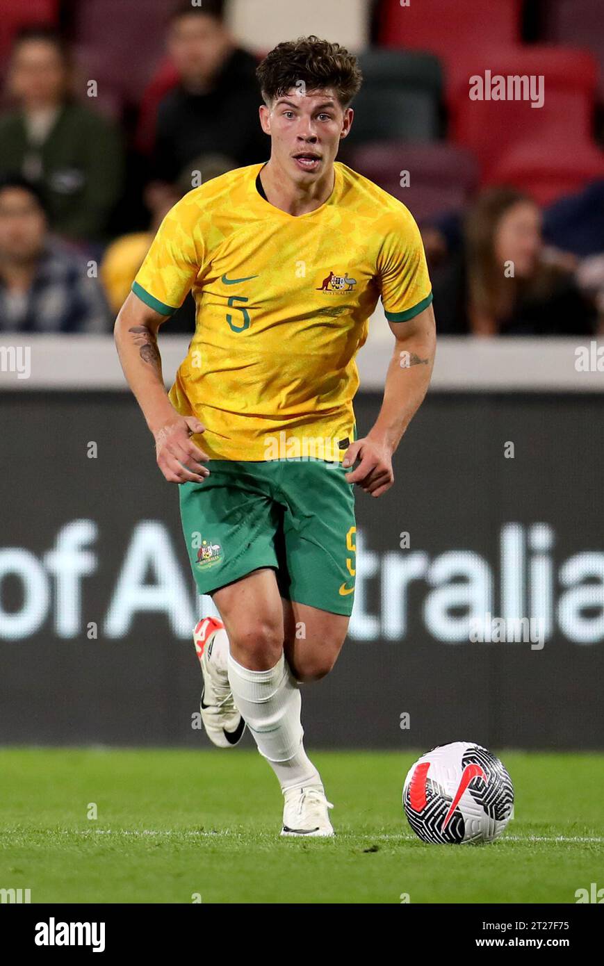 Australia’s Jordan Bos in action during the international friendly match at the Gtech Community Stadium, London. Picture date: Tuesday October 17, 2023. Stock Photo